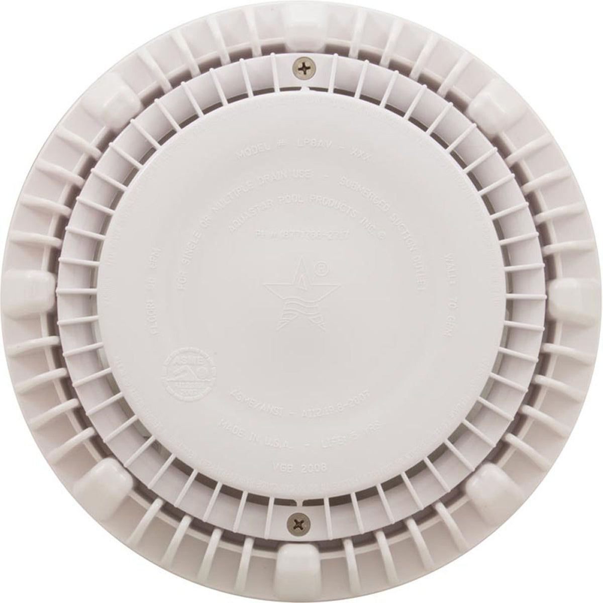 Main Drain Grate, CMP LowPro, 8" Rnd, w/Frame & Vtd Riser, Wht