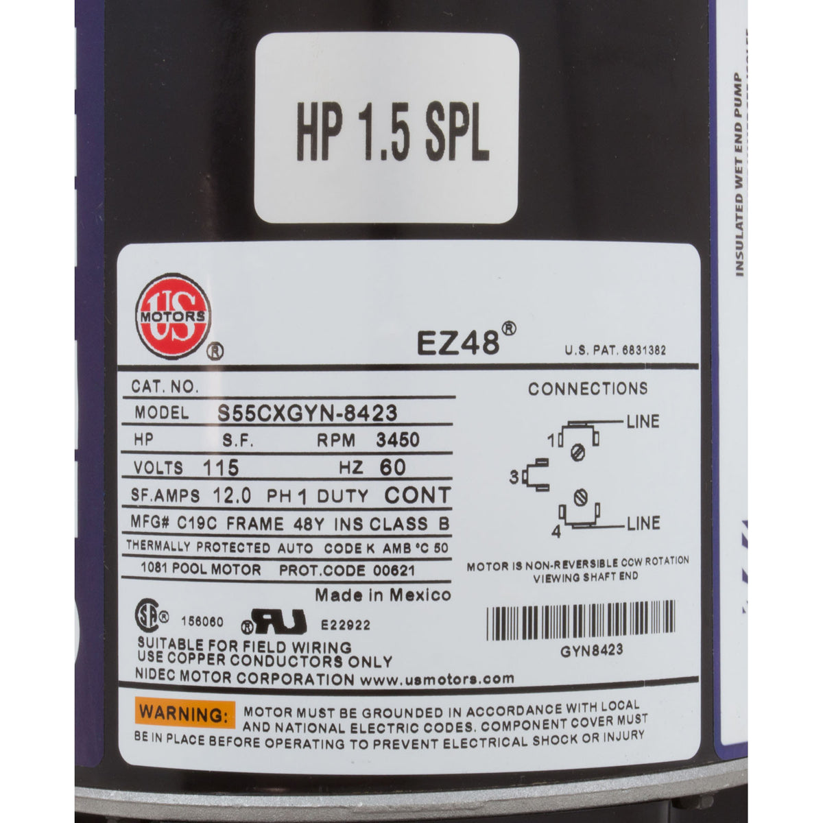 Hf 1,5 CV 115 V 1 vitesse 3 pieds Tl 90 ° à droite sans piège