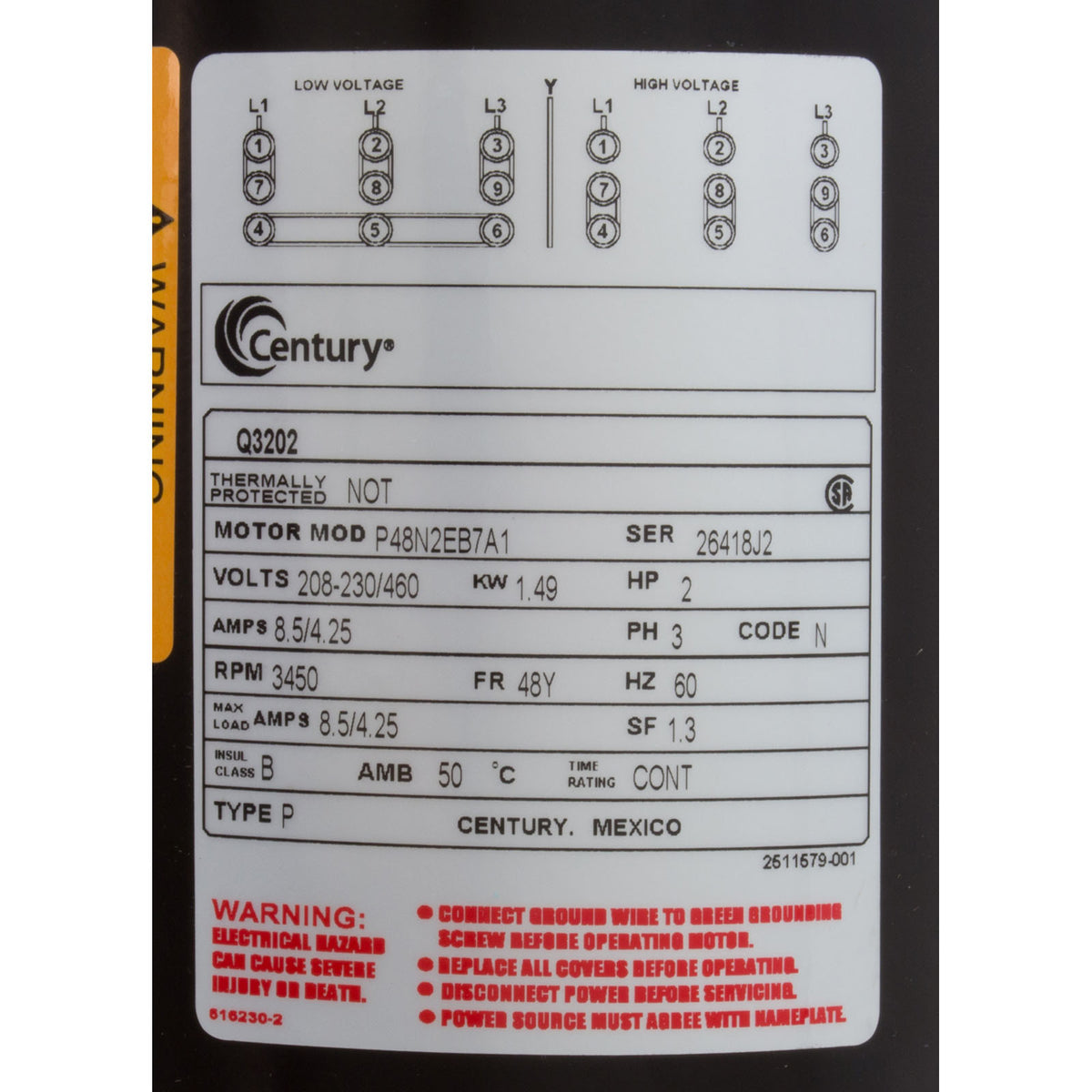 Mtr, Cent, 2Hp, 208-230/460V, 3Ph, 1-Sp, Sf1.3, 48Yfr 3450Rpm