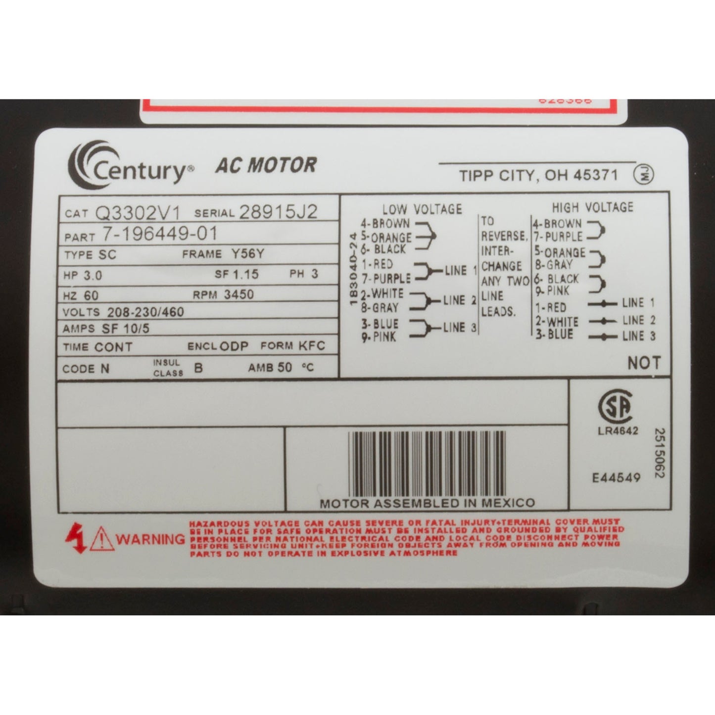 Motor, Cent, 3Hp, 208-230/460V, 3Ph, 1-SP, Sf1.15, 56Yfr 3450Rpm