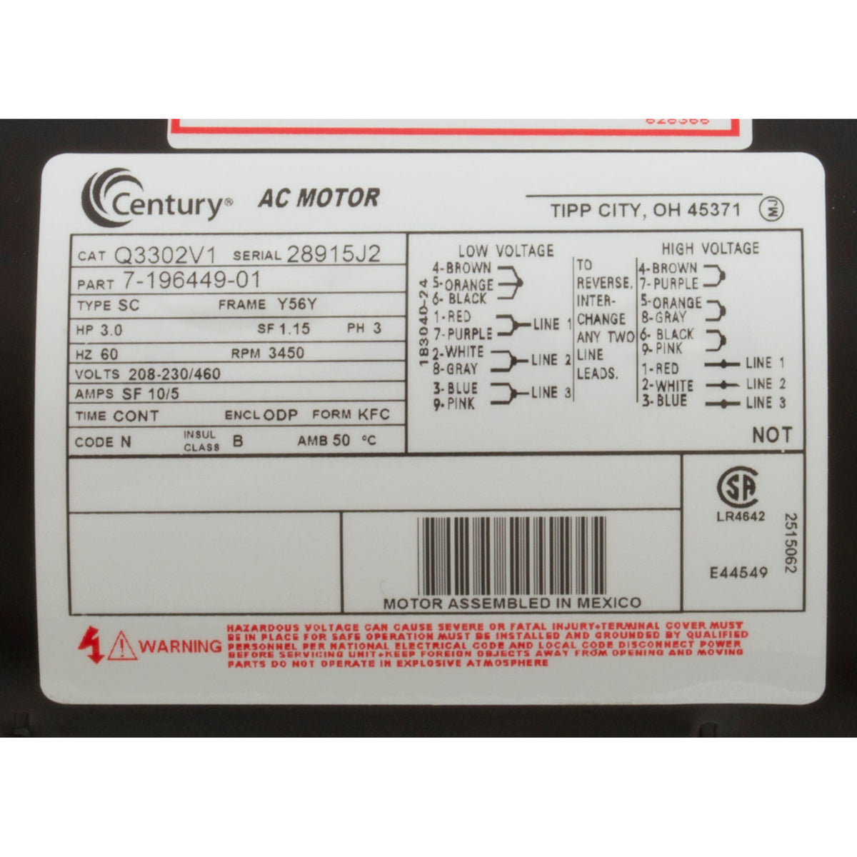 Motor, Cent, 3Hp, 208-230/460V, 3Ph, 1-SP, Sf1.15, 56Yfr 3450Rpm