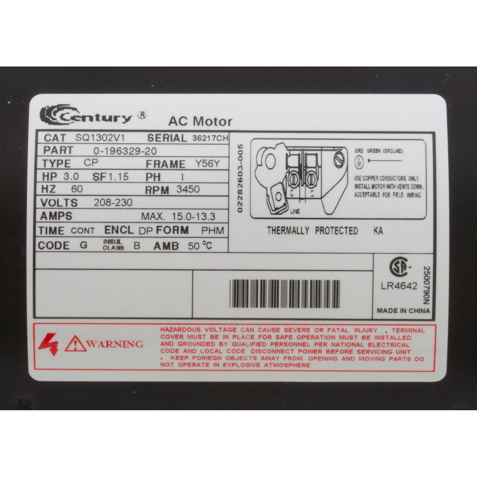 Motor, Century, 3Hp, 208-230V, 1-Sp, Sf1.15, 56Yfr