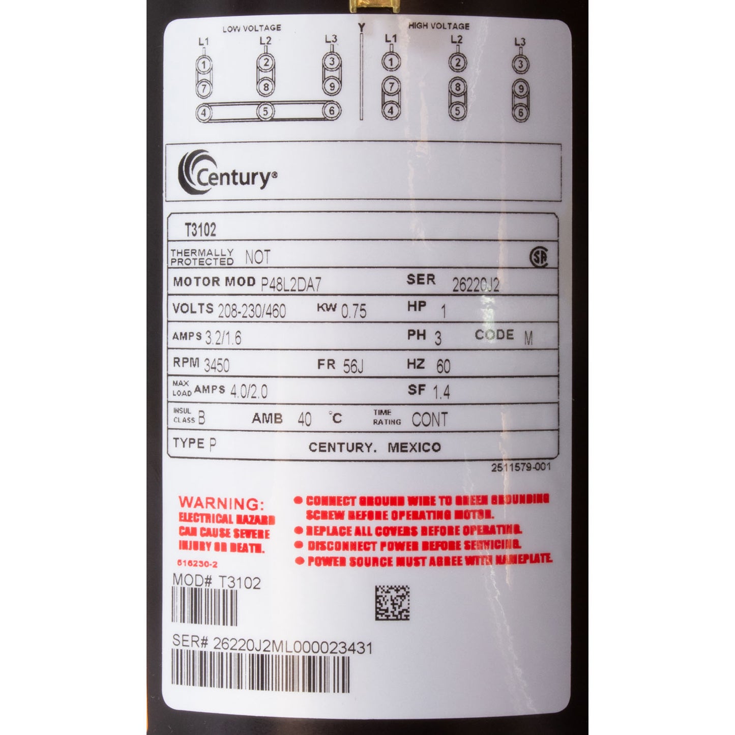 Mtr, Cent, 1Hp, 208-230/460V, 3Ph, 1-Sp, Sf1.4, 56Jfr 3450Rpm