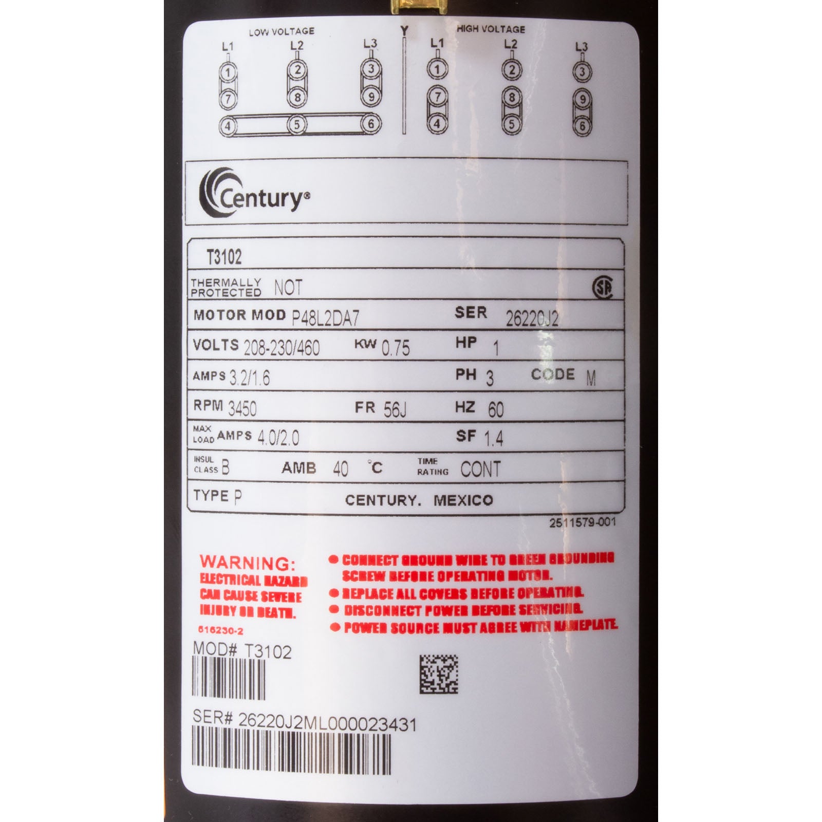 Mtr, Cent, 1Hp, 208-230/460V, 3Ph, 1-Sp, Sf1.4, 56Jfr 3450Rpm