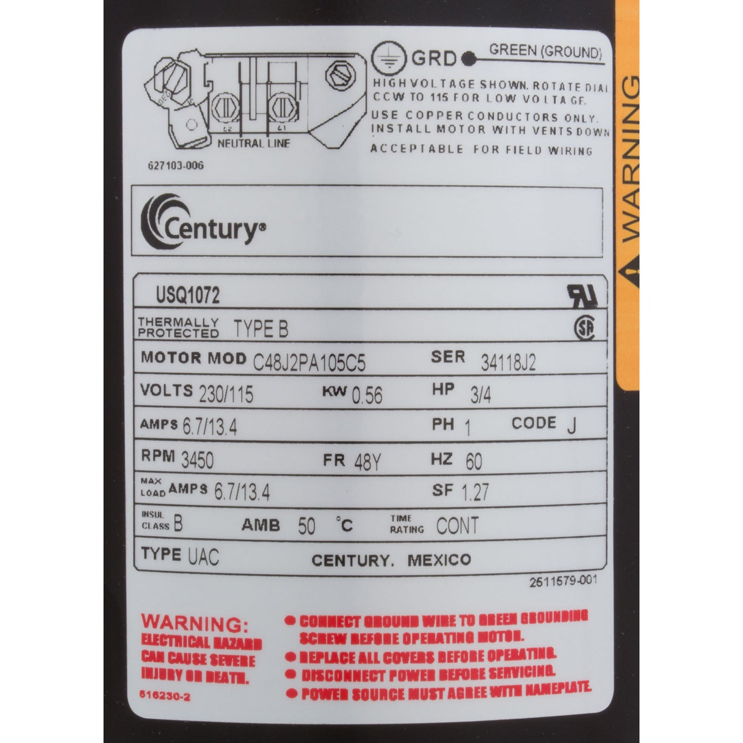 Mtr, Cent, .75Hp, 115/230V, 1-Sp, Sf1.27, 48Yfr