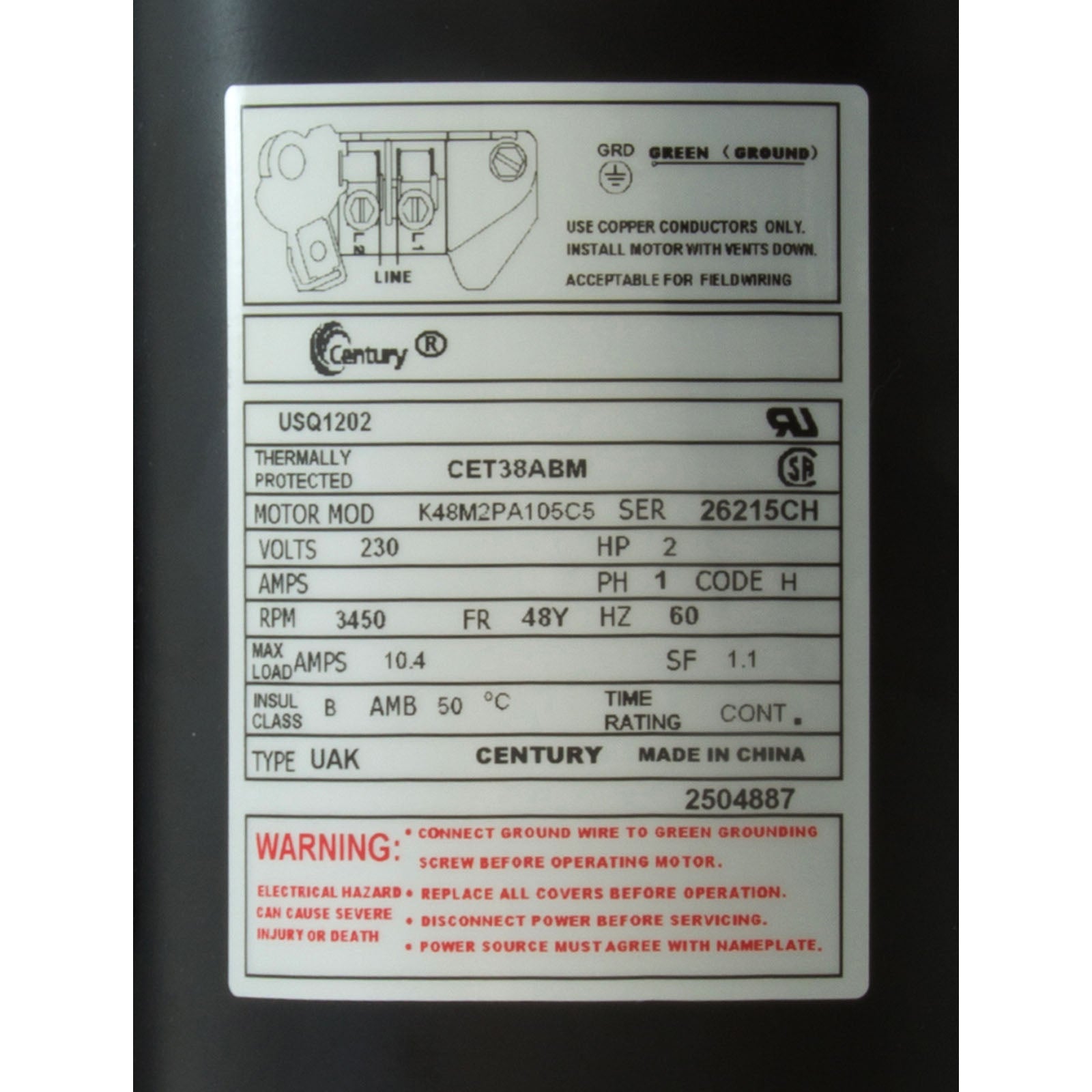 Motor, Cent, 2Hp, 230V, 1-SP, Sf1.1, 48Yfr