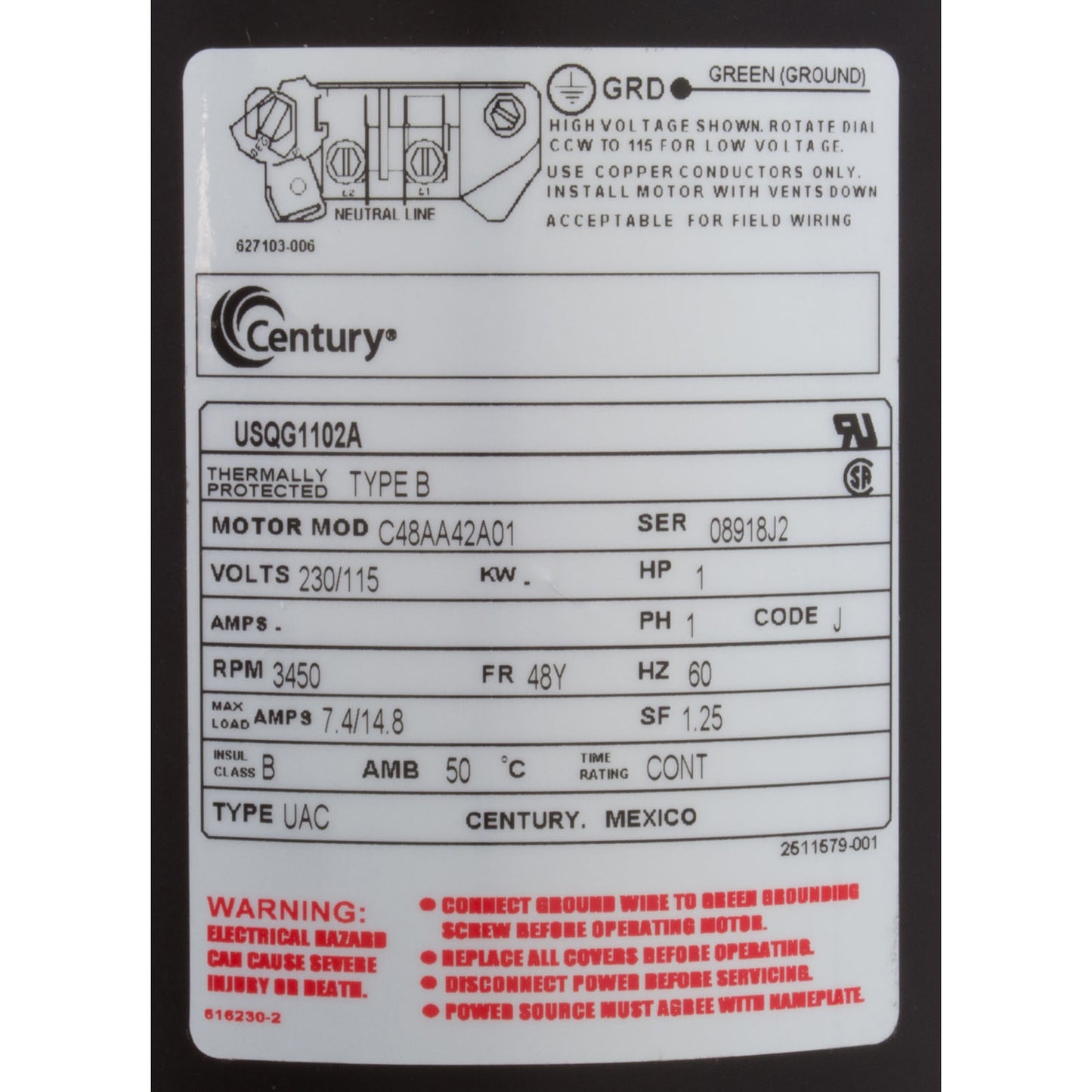 Mtr, Cent, 1Hp, 115/230V, 1-Sp, Sf1.25, 48Yfr