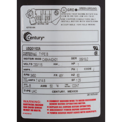Mtr, Cent, 1Hp, 115/230V, 1-Sp, Sf1.25, 48Yfr