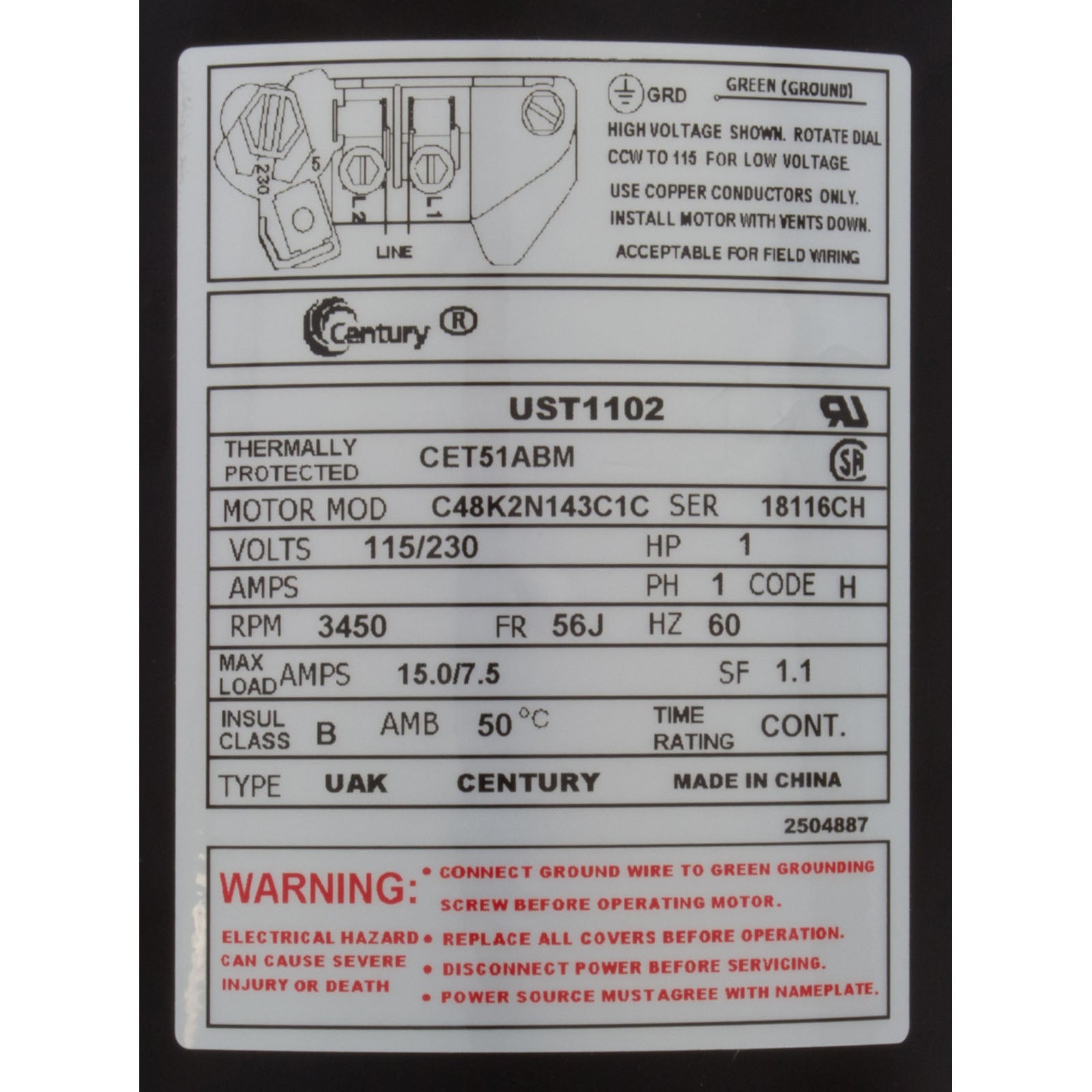 A.O. Smith Century UST1102 Pool Pump Motor, 1 HP, 115/230V, 56J, Single Speed