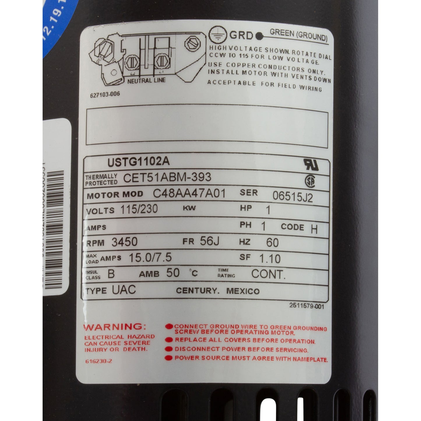 Motor, Cent, 1 HP, 115/230 V, 1 vel, SF1,1, 56 Jfr USTG1102A