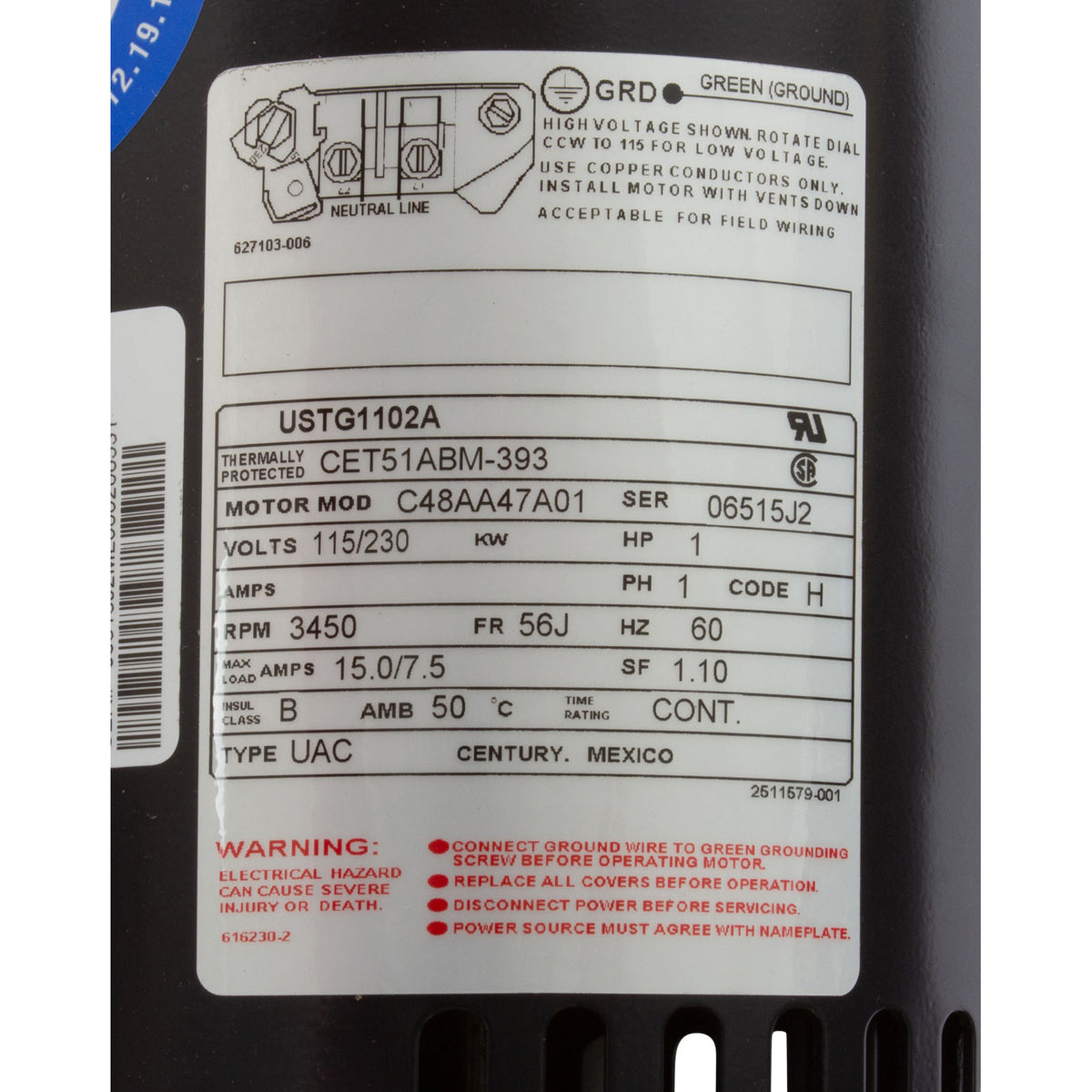 Mtr, Cent, 1Hp, 115/230V, 1-Sp, Sf1.1, 56Jfr USTG1102A