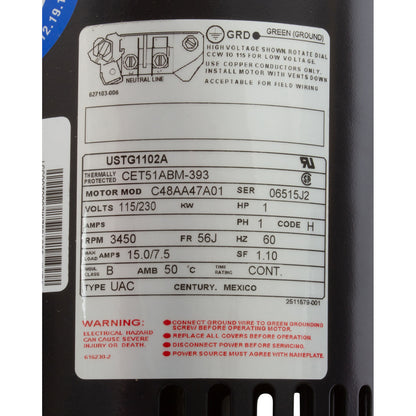 Motor, Cent, 1 HP, 115/230 V, 1 vel, SF1,1, 56 Jfr USTG1102A