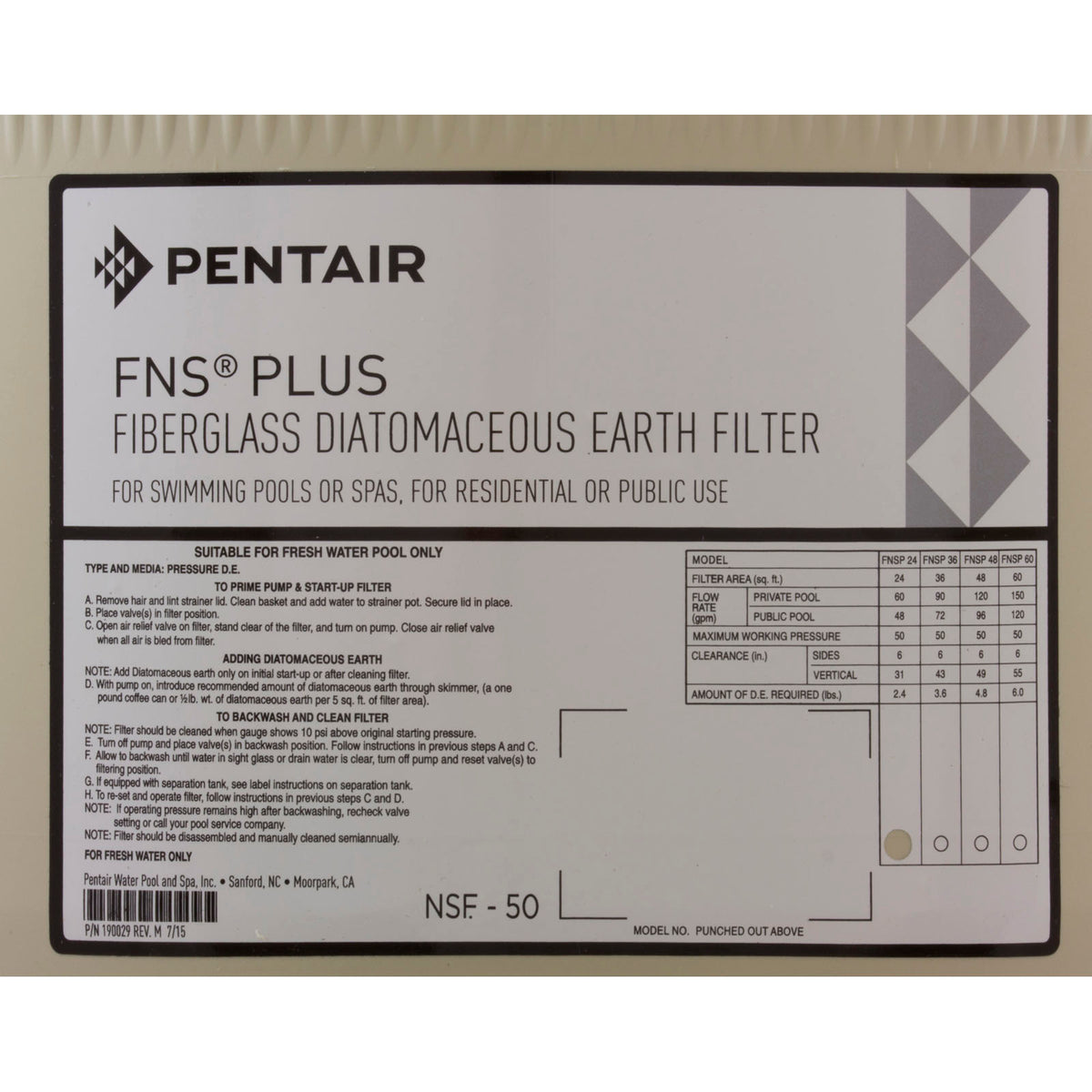 Tank Body, Pentair PacFab FNS, 24 sqft