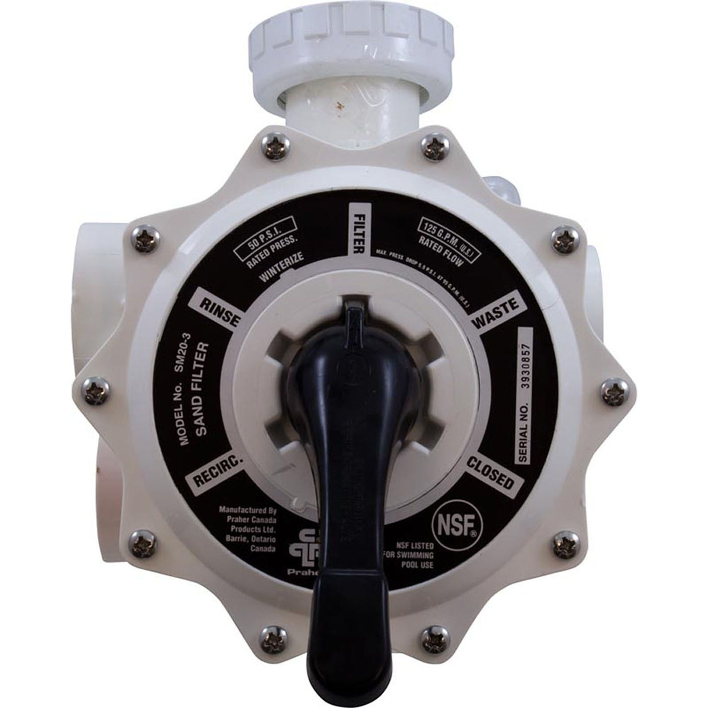 Válvula multipuerto, Praher SM2-SR3U, 2", con plomería StaRite, blanca