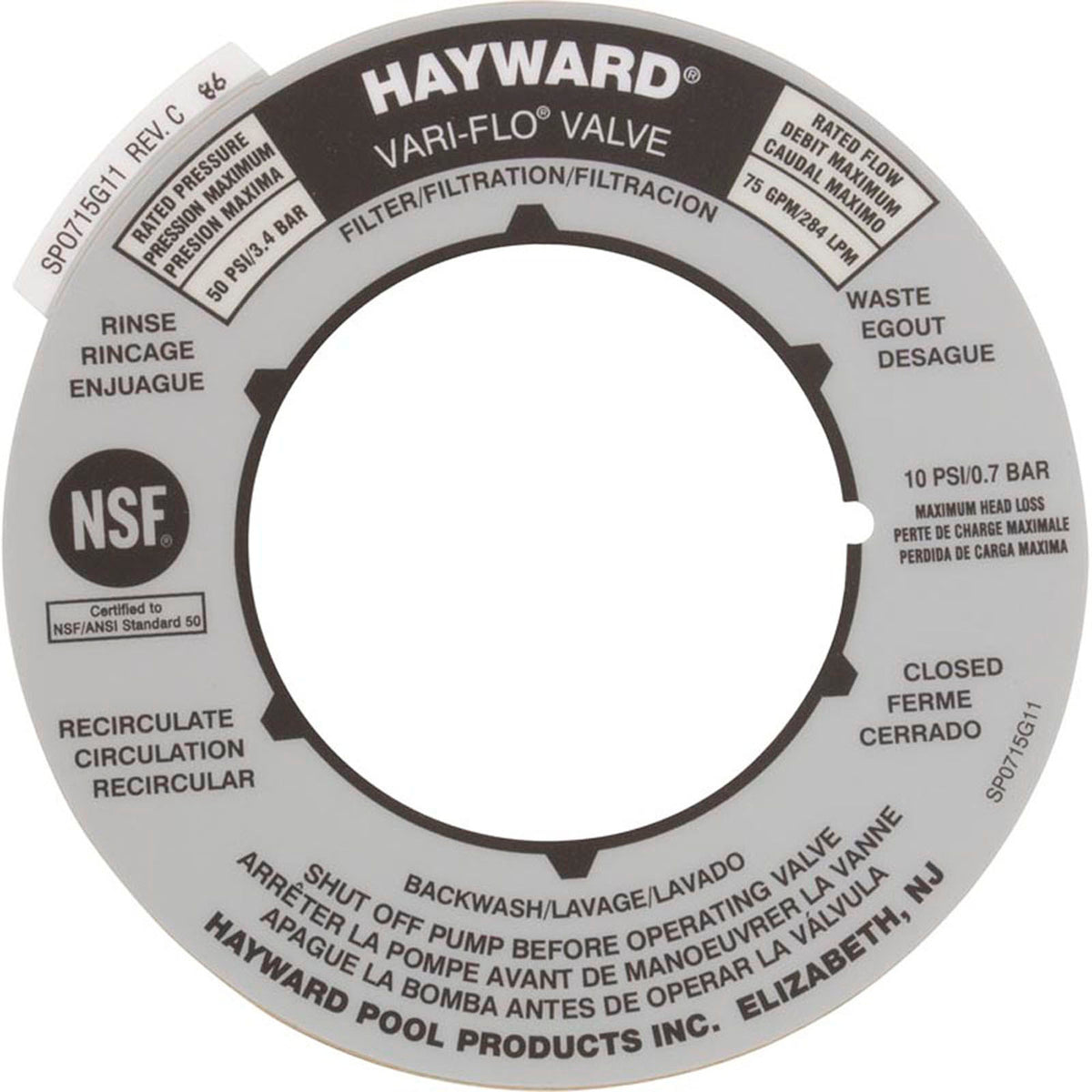 Valve Position Label, Hayward 2" Vari-Flo Valves