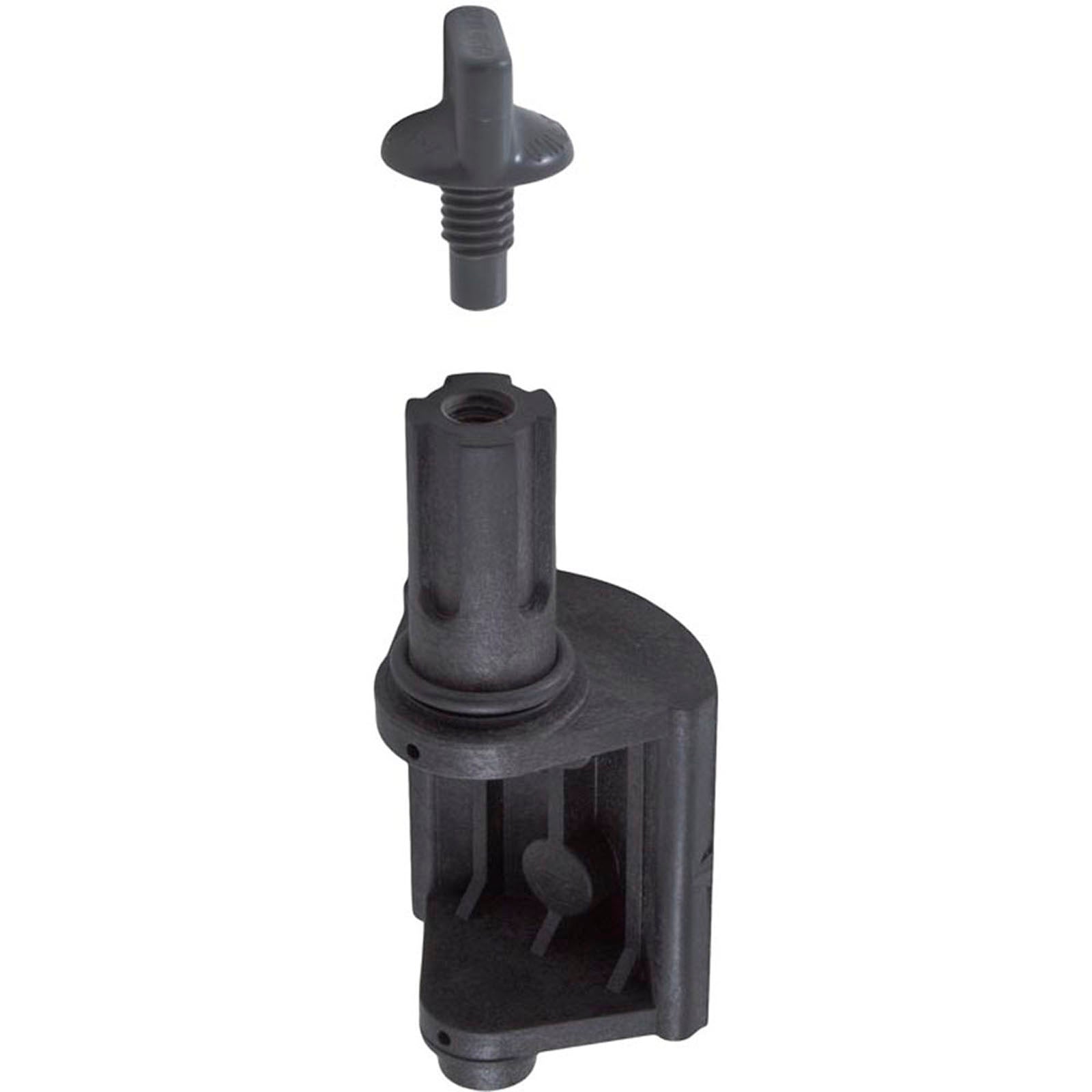 A black plastic pool valve, known as a diverter, with a non-positive seal design. The valve is shown disassembled with parts visible.