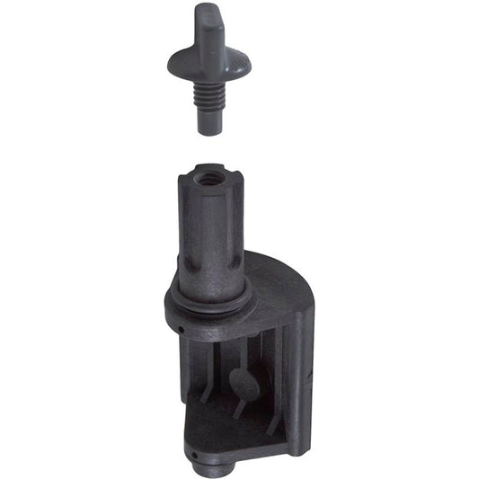 A black plastic pool valve, known as a diverter, with a non-positive seal design. The valve is shown disassembled with parts visible.