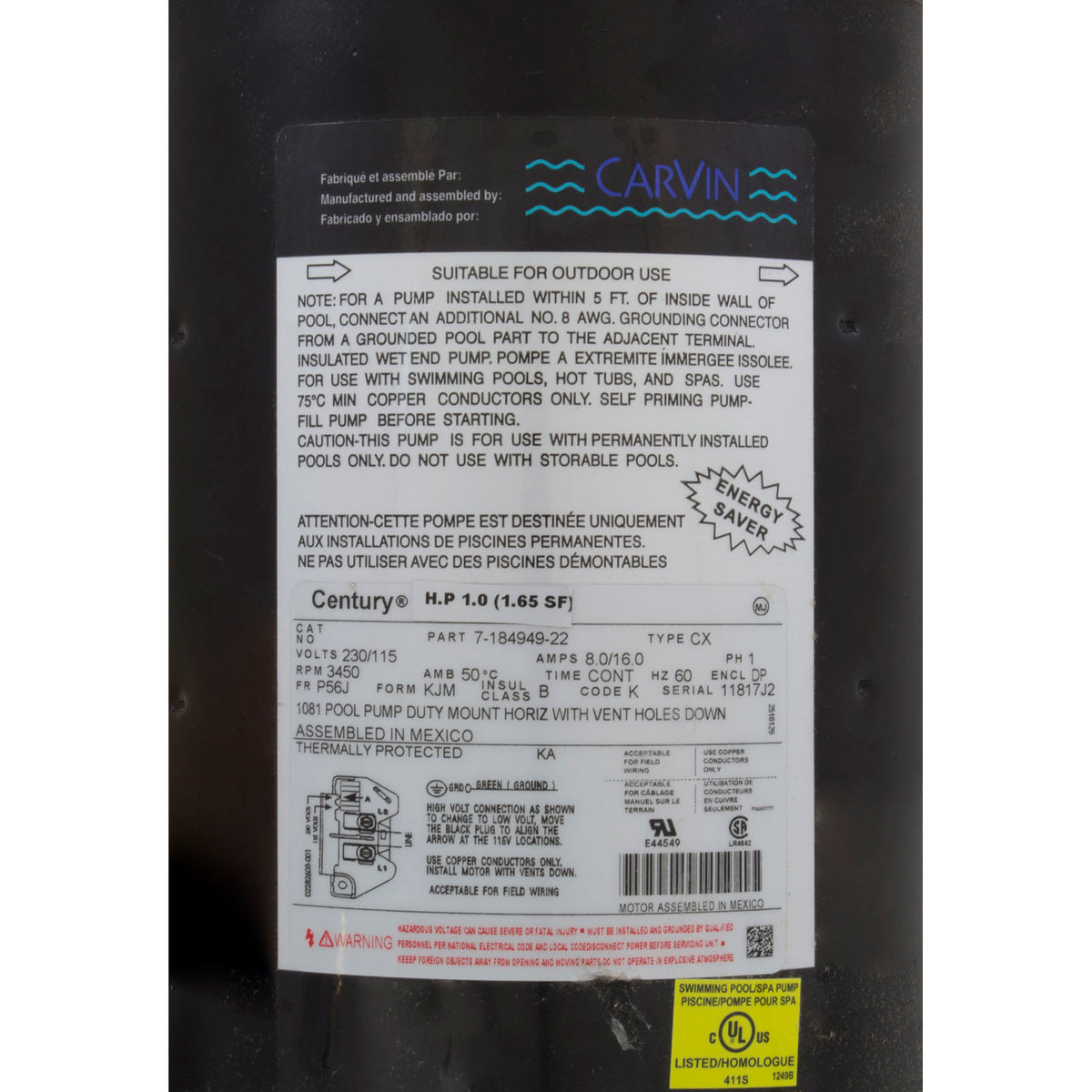 Pompe, Carvin Magnum Force, 1,0 ch, 115/230 V, 1 vitesse, complète, EE