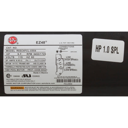 Bomba, Jacuzzi Serie J, motor estadounidense de 1,0 SPL, 115 V, 2 velocidades, 48 ​​Fr, 1,5" mjt