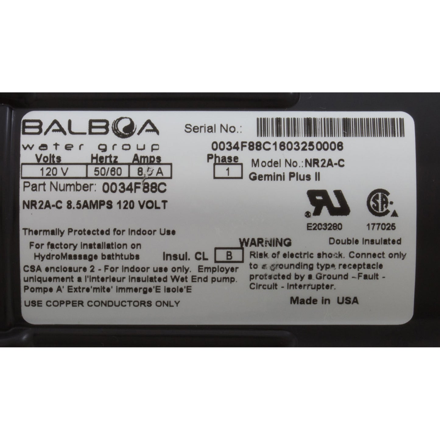 Bomba, para baño, BWG Gemini Plus II, 0,75 hp, 115 V, 1-1/2", con AS, OEM