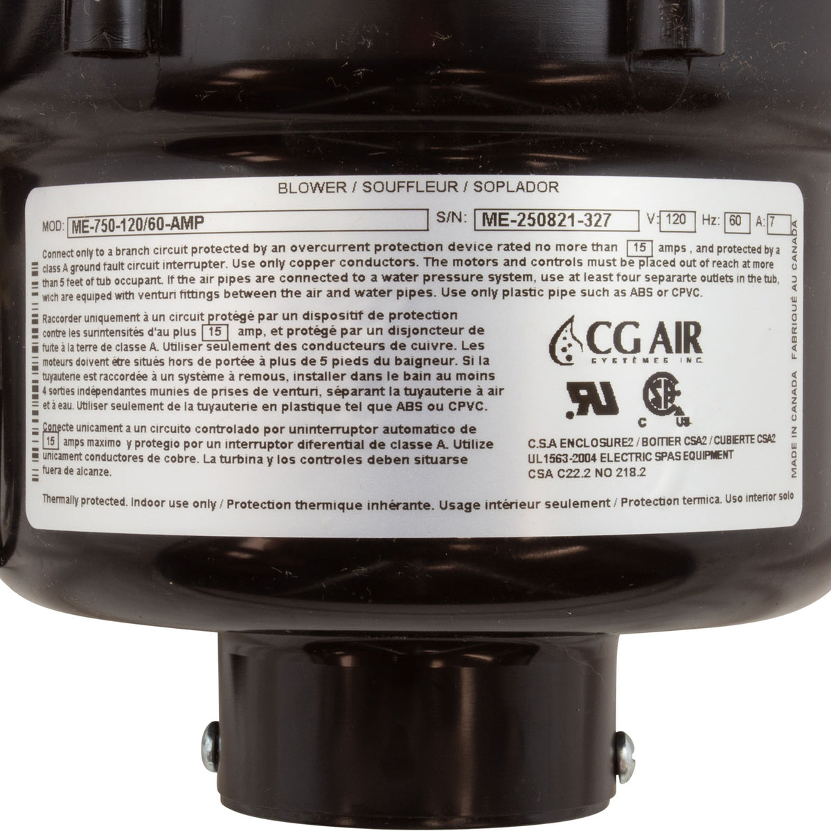 Blower, CG Air Millenium Eco, 115v, 7.0A, 3ft AMP Cord