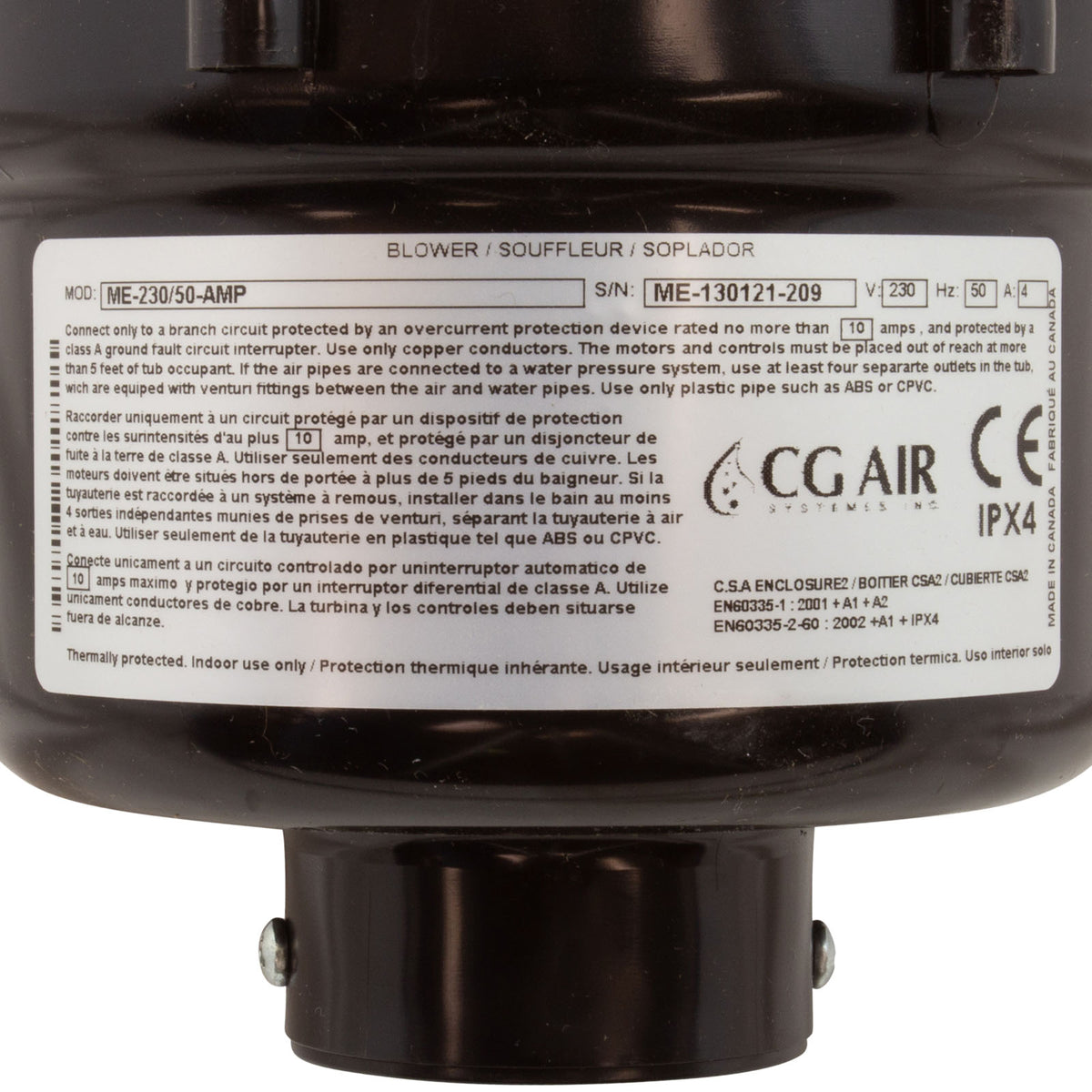 Blower, CG Air Millenium Eco, 230v, 4.0A, 50hz, 3' AMP, w/Muffler