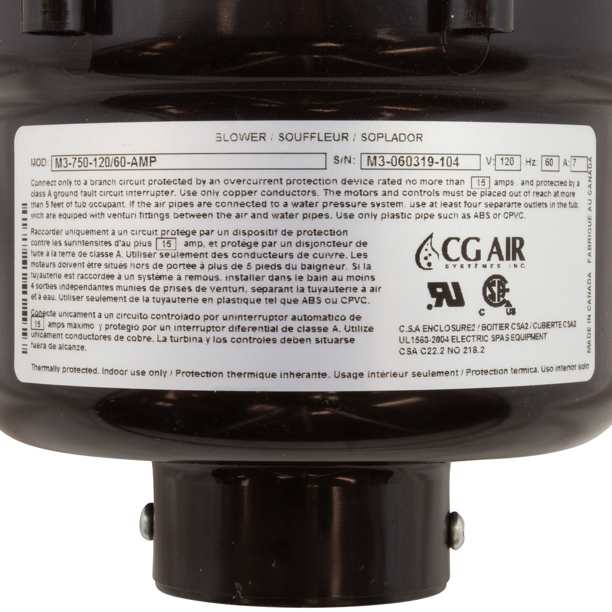 Blower, CG Air Millenium 3, 115v, 7.0A, 3-Spd, 3ft AMP, Heater, AS