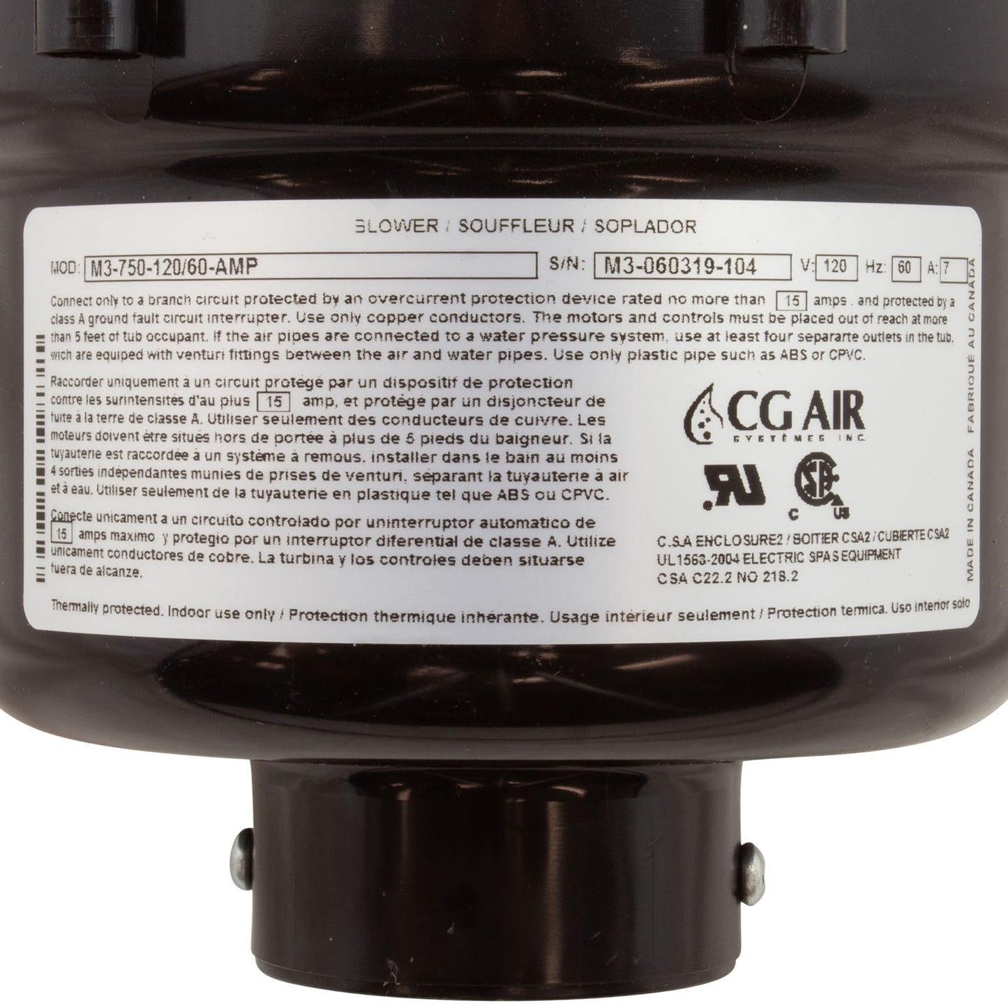 Blower, CG Air Millenium 3, 115v, 7.0A, 3-Spd, 3ft AMP, Heater, AS