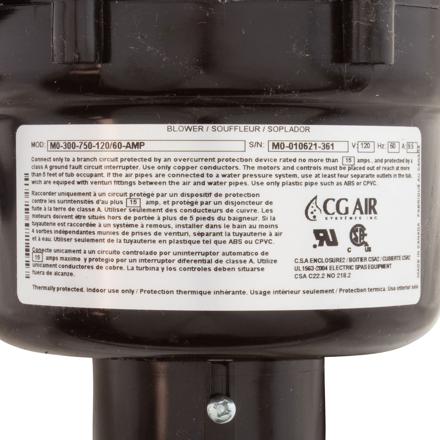 Blower, CG Air Millenium O, 115v, 9.5A, Heater, 3' AMP, w/Muffler