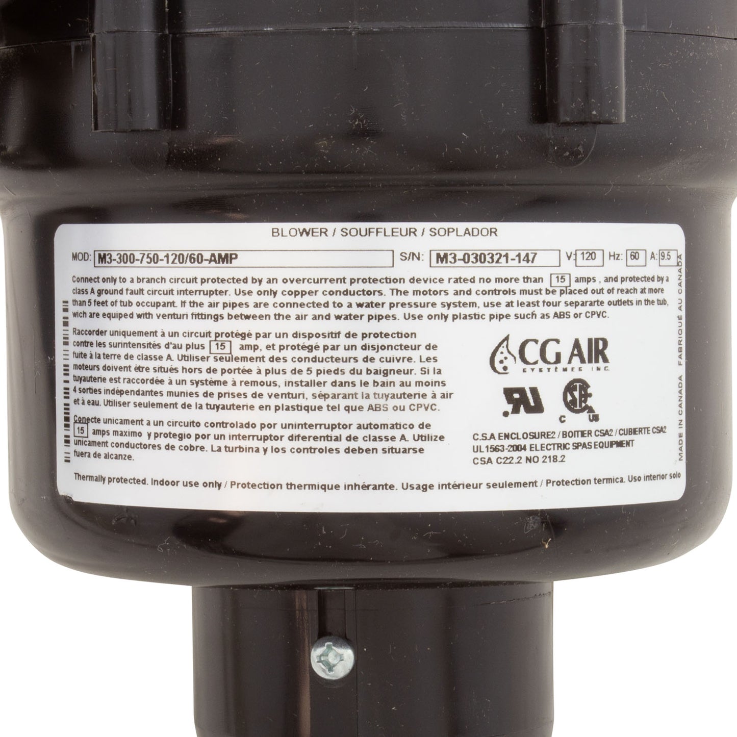 Blower, CG Air Millenium 3, 3-Spd, 115v, 9.5A, Heater, 3' AMP, AS