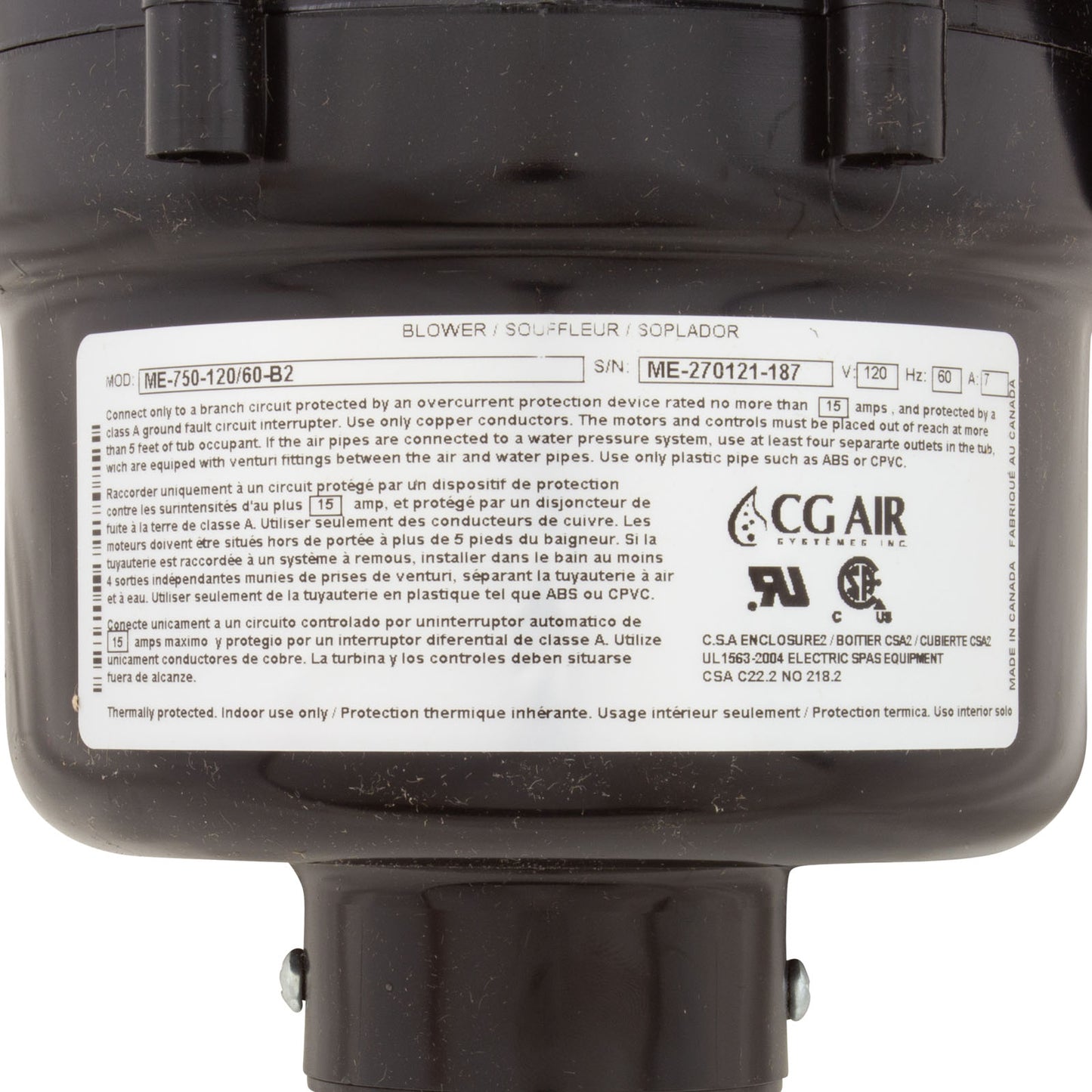 Blower, CG Air Millenium Eco, 115v, 7.0A, 3ft Molded Cord