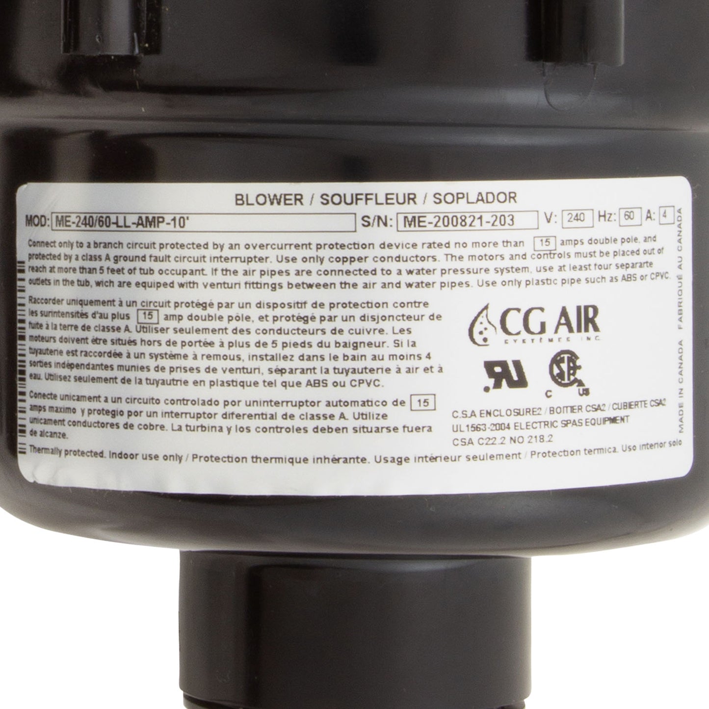 Blower, CG Air Millenium Long Life, 230v, 4.0A, 10ft AMP