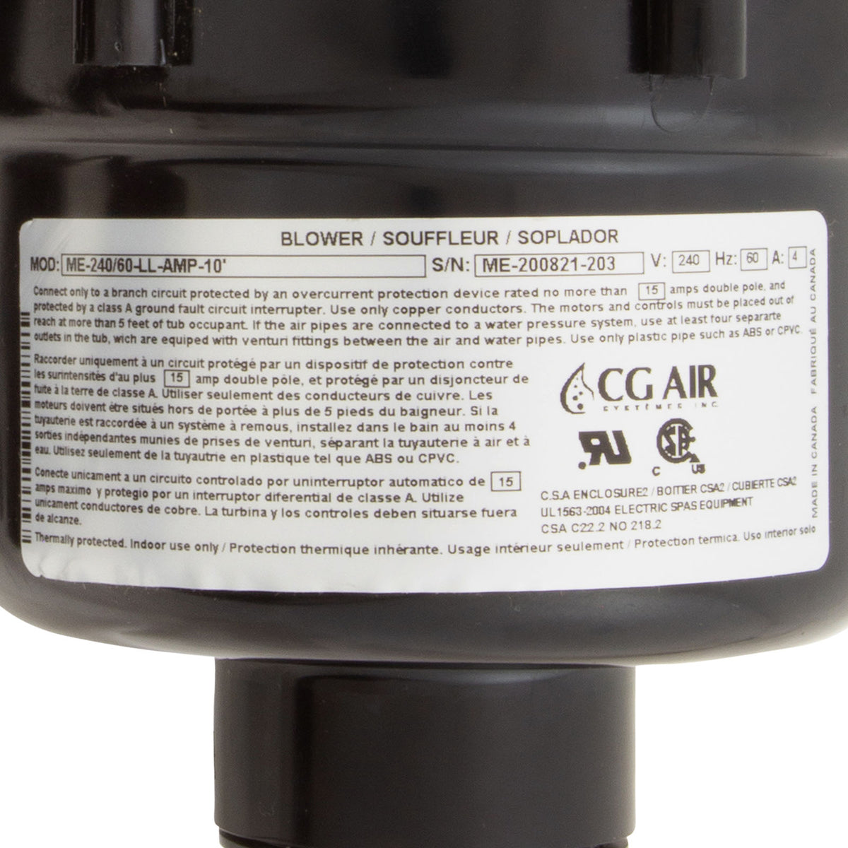 Blower, CG Air Millenium Long Life, 230v, 4.0A, 10ft AMP