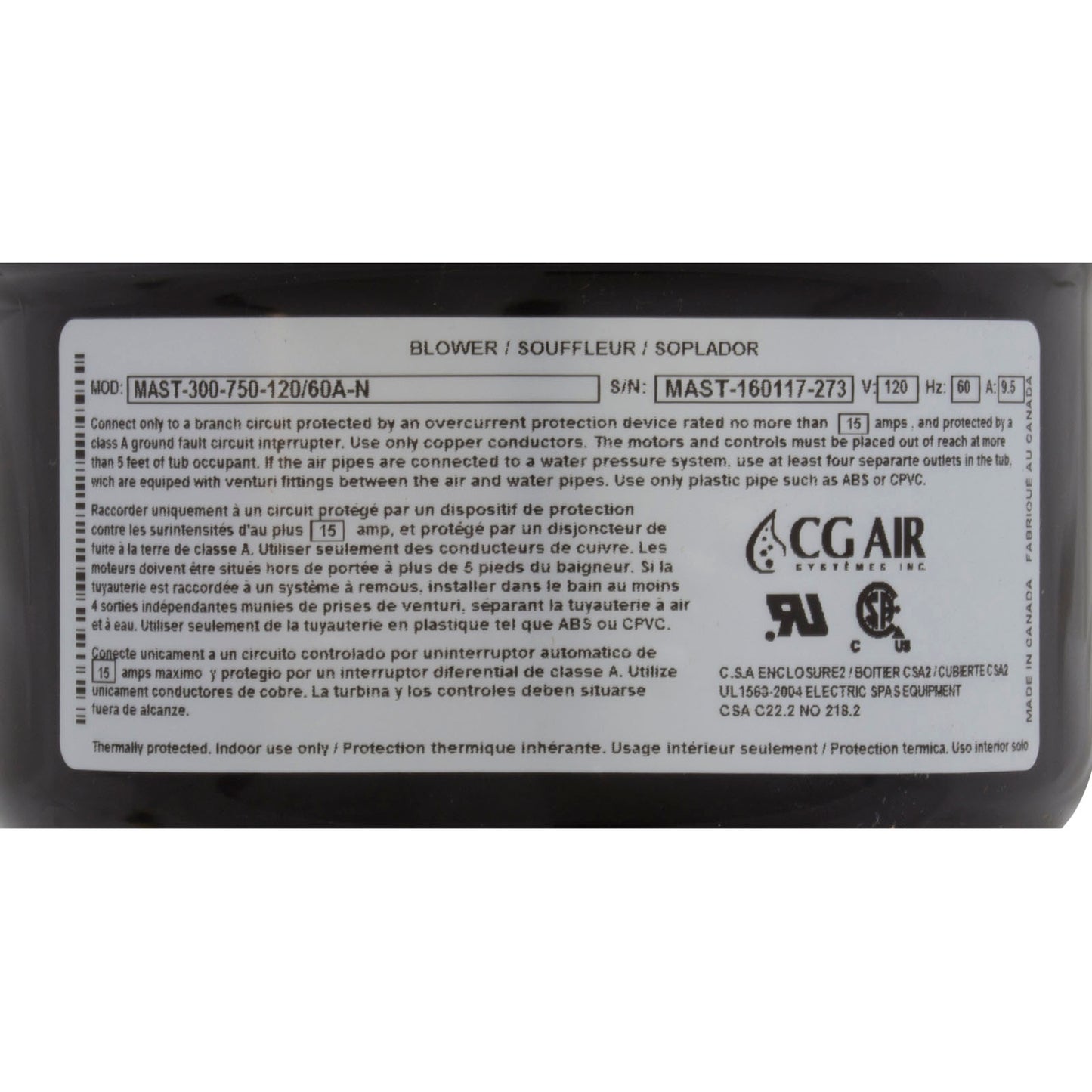 Soplador, CG Air Millenium AS, 115 V, 9,5 A, con calentador, Nema de 3 pies