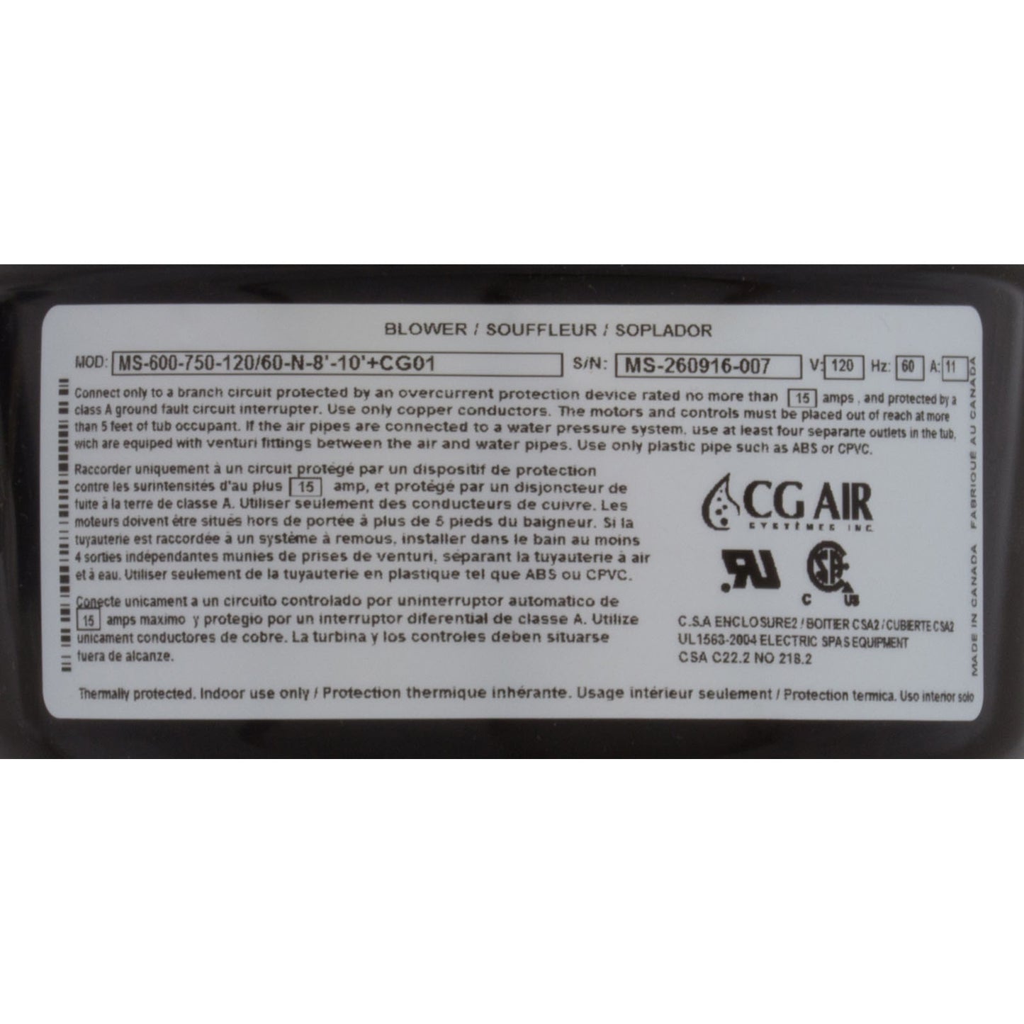 Blower, CG Air Millenium, 115v, 11A, 7ft NEMA Cord, w/Muffler