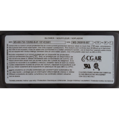 Blower, CG Air Millenium, 115v, 11A, 7ft NEMA Cord, w/Muffler