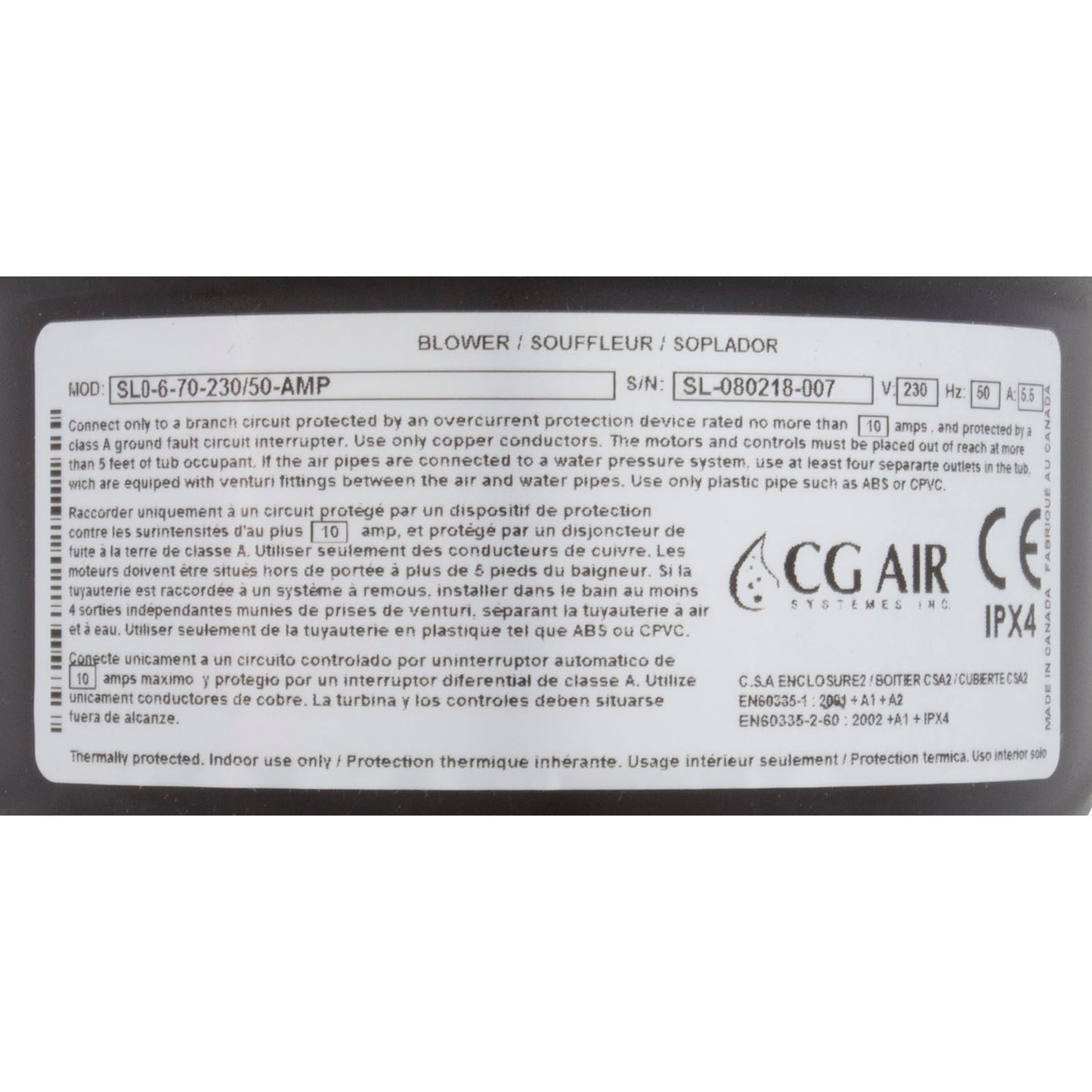 Soplador, CG Air SL0, 230 V, 7 pies de amperio, calentador, 50 Hz