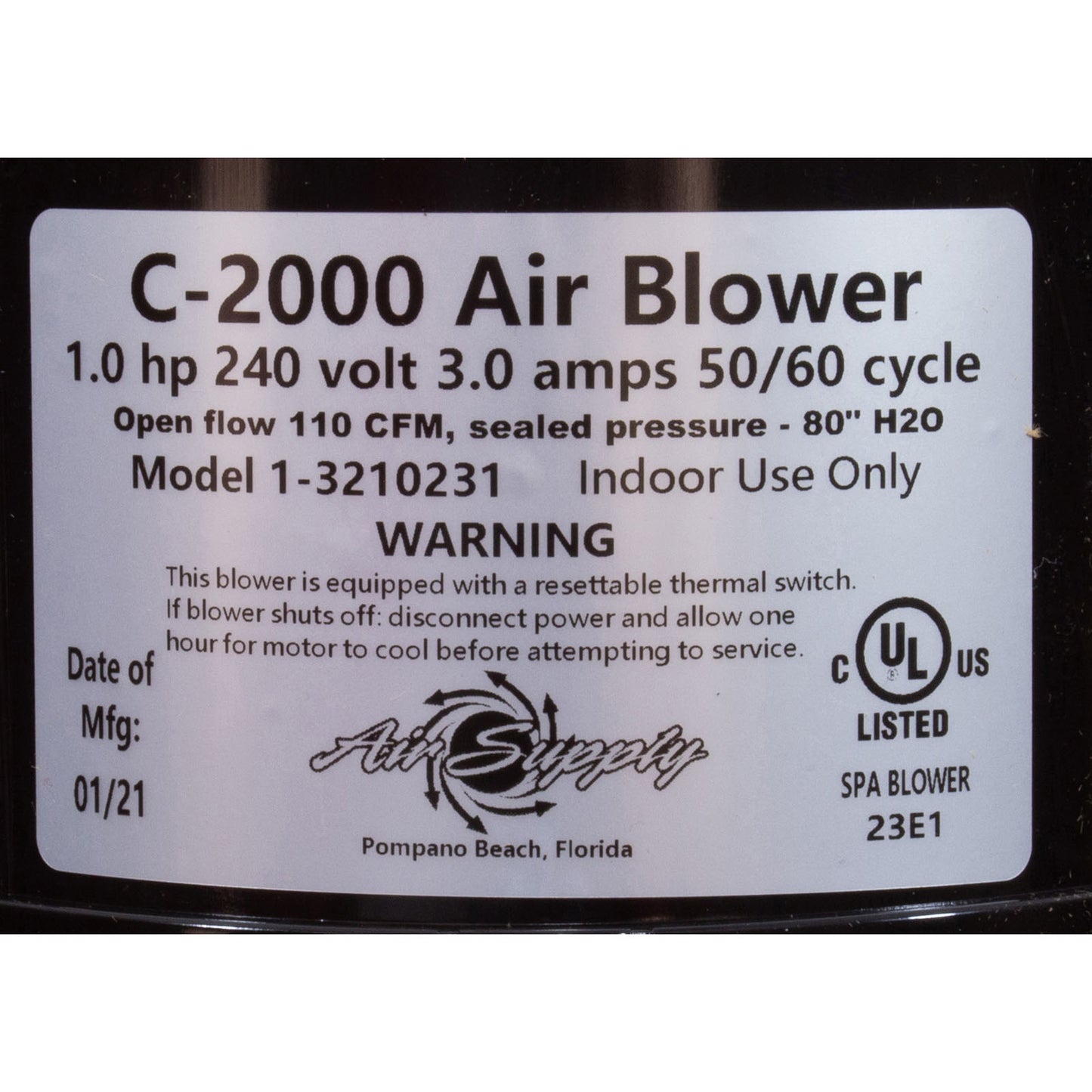 Blower, Air Supply Comet 2000, 1.0hp, 230v, 3.0A, 4ft AMP