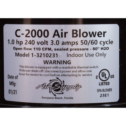 Blower, Air Supply Comet 2000, 1.0hp, 230v, 3.0A, 4ft AMP