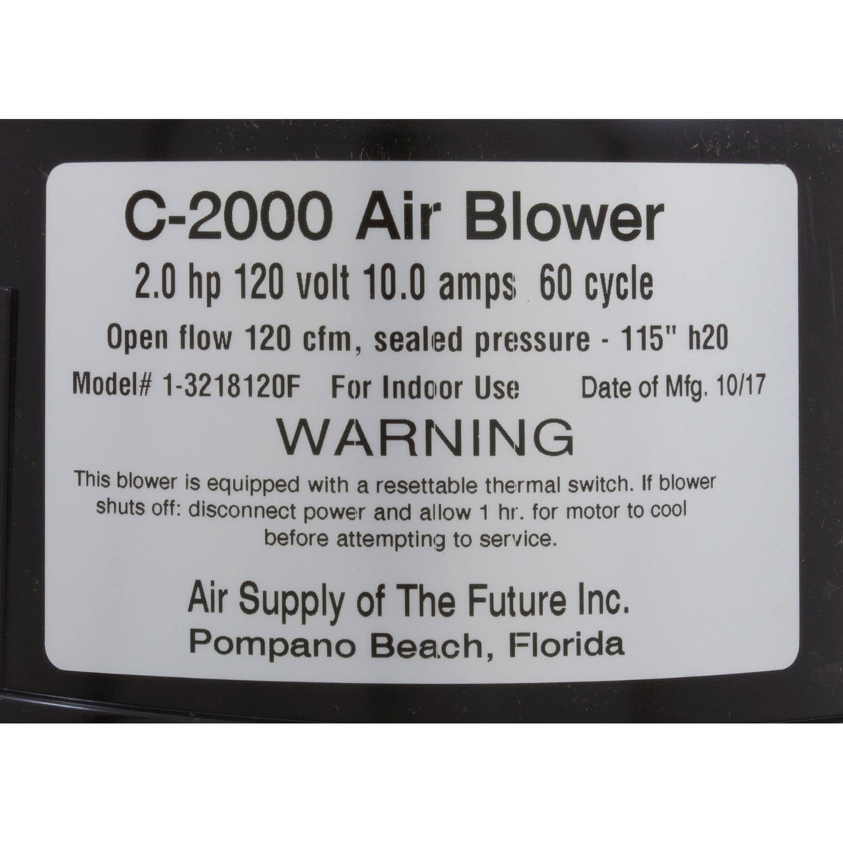 Blower, Air Supply Comet 2000, 2.0hp, 115v, 10A, 4ft AMP