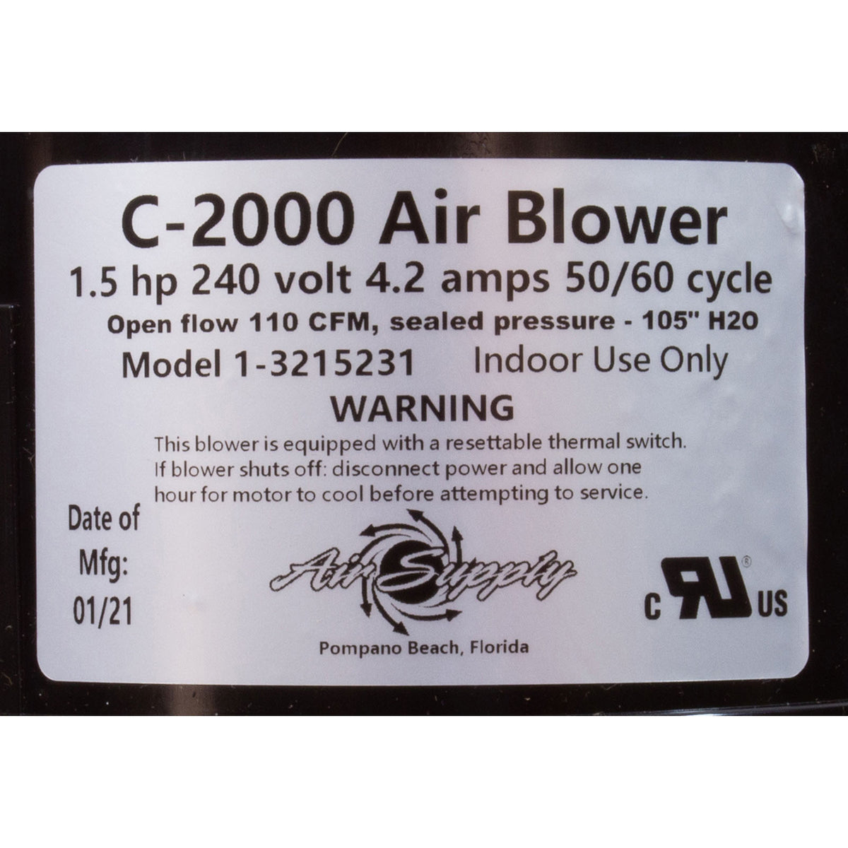 Blower, Air Supply Comet 2000, 2.0hp, 230v, 5.5A, 4ft AMP
