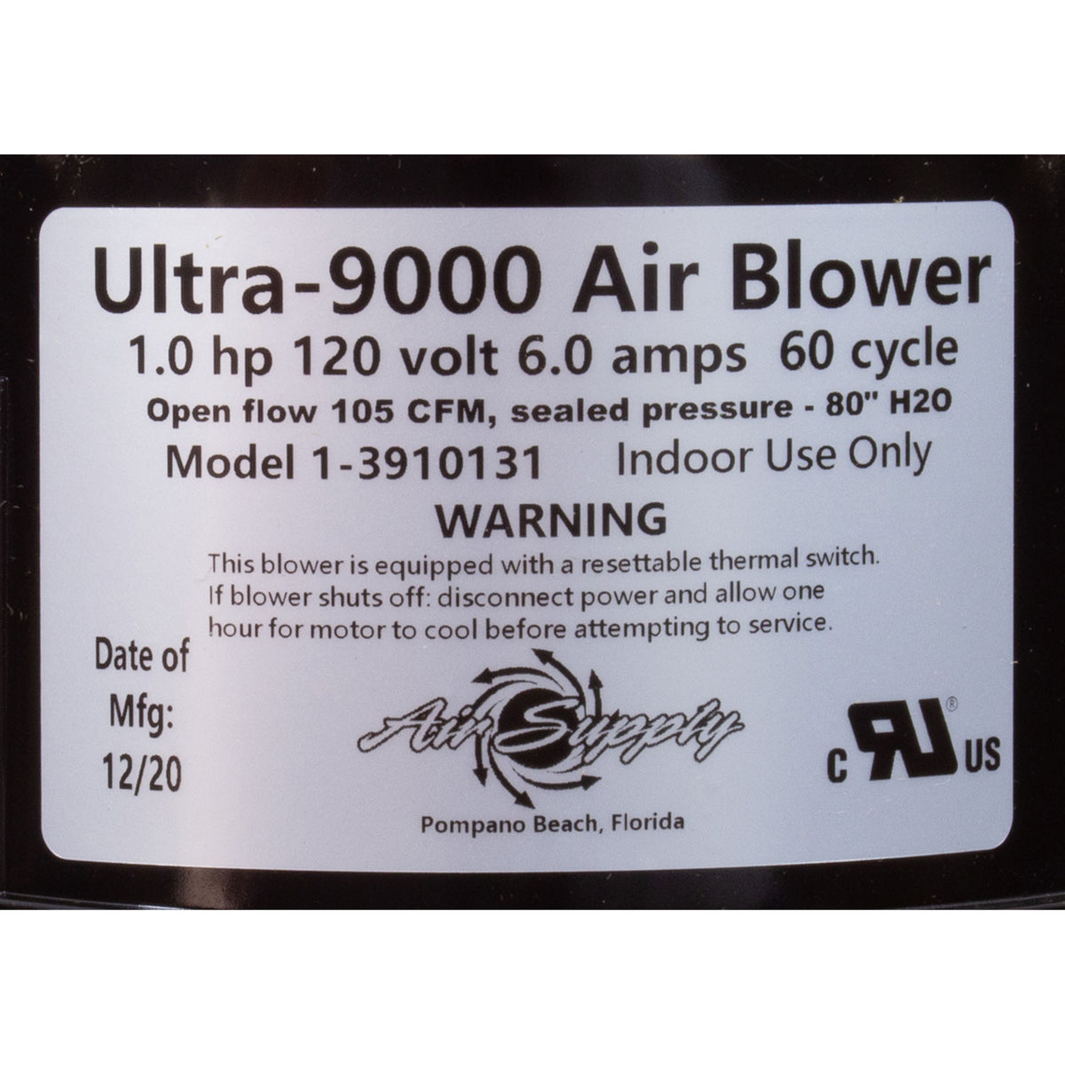 Blower, Air Supply Ultra 9000, 1.0hp, 115v,4.5A, 4ft AMP