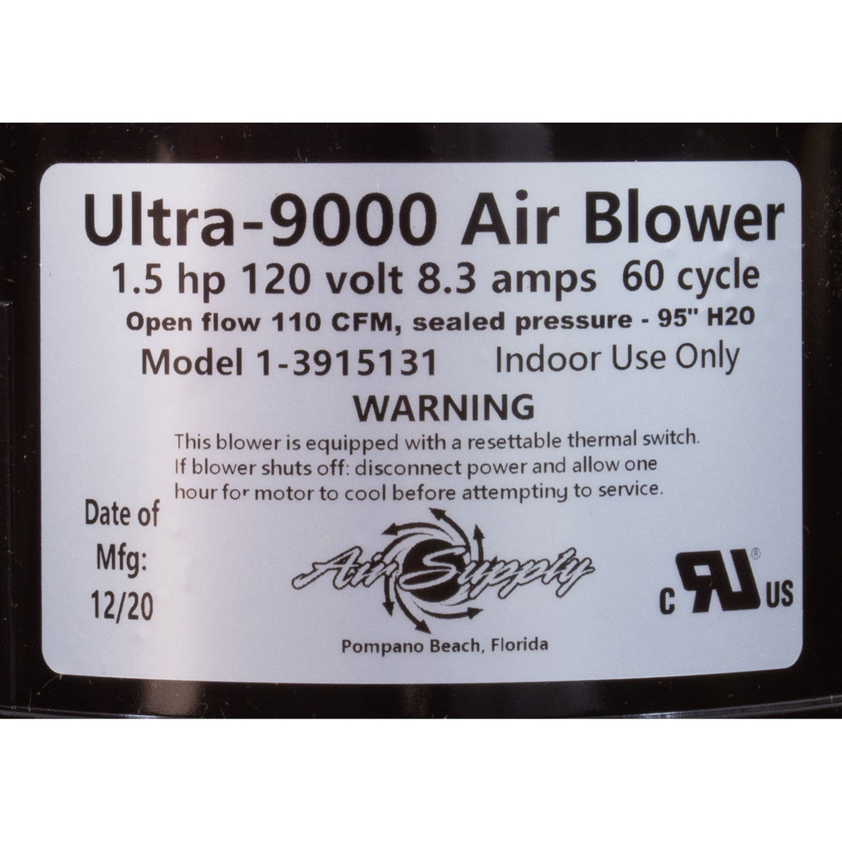 Blower, Air Supply Ultra 9000, 1.5hp, 115v, 7.4A, 4ft AMP