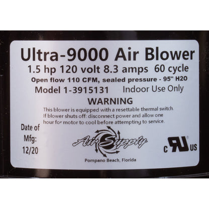 Souffleur, alimentation en air Ultra 9000, 1,5 ch, 115 V, 7,4 A, 4 pi AMP