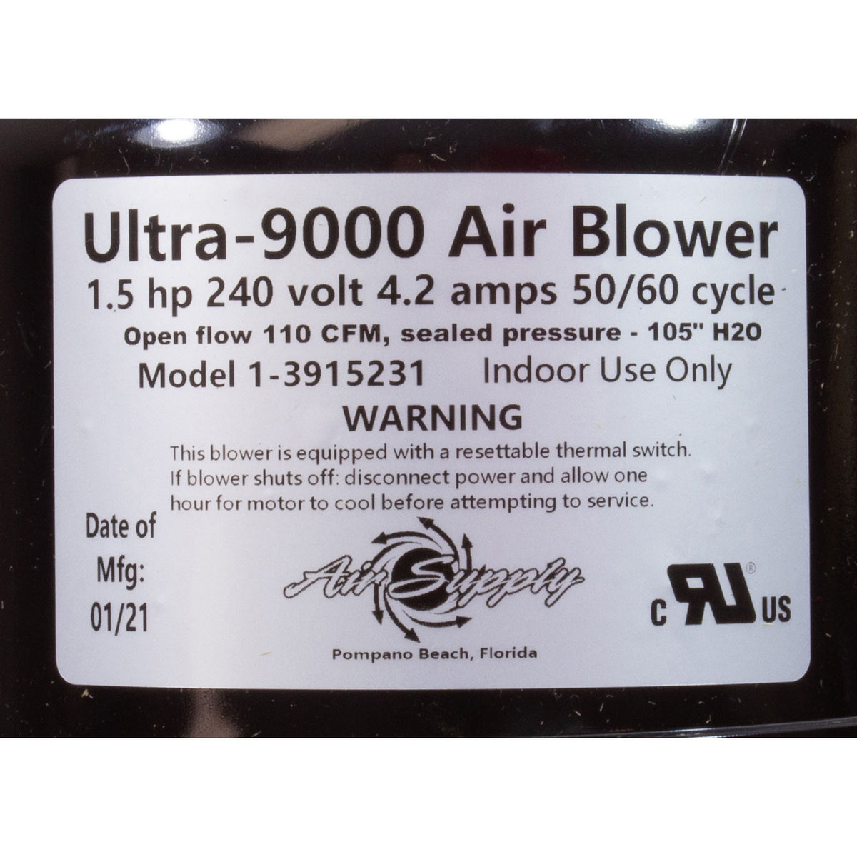 Blower, Air Supply Ultra 9000, 1.5hp, 230v, 3.2A, 4ft AMP