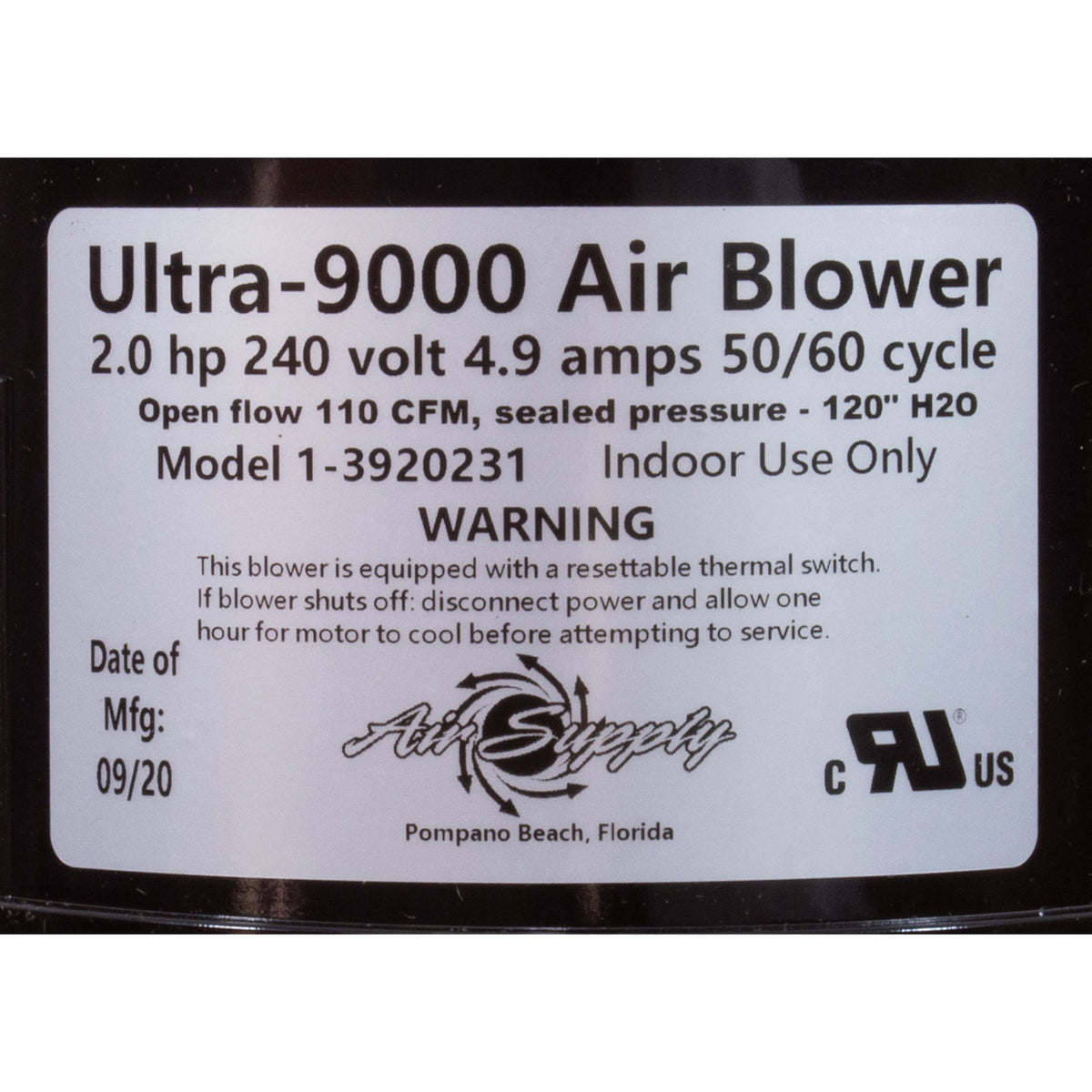 Souffleur, alimentation en air Ultra 9000, 2,0 ch, 230 V, 5,5 A, 4 pi AMP
