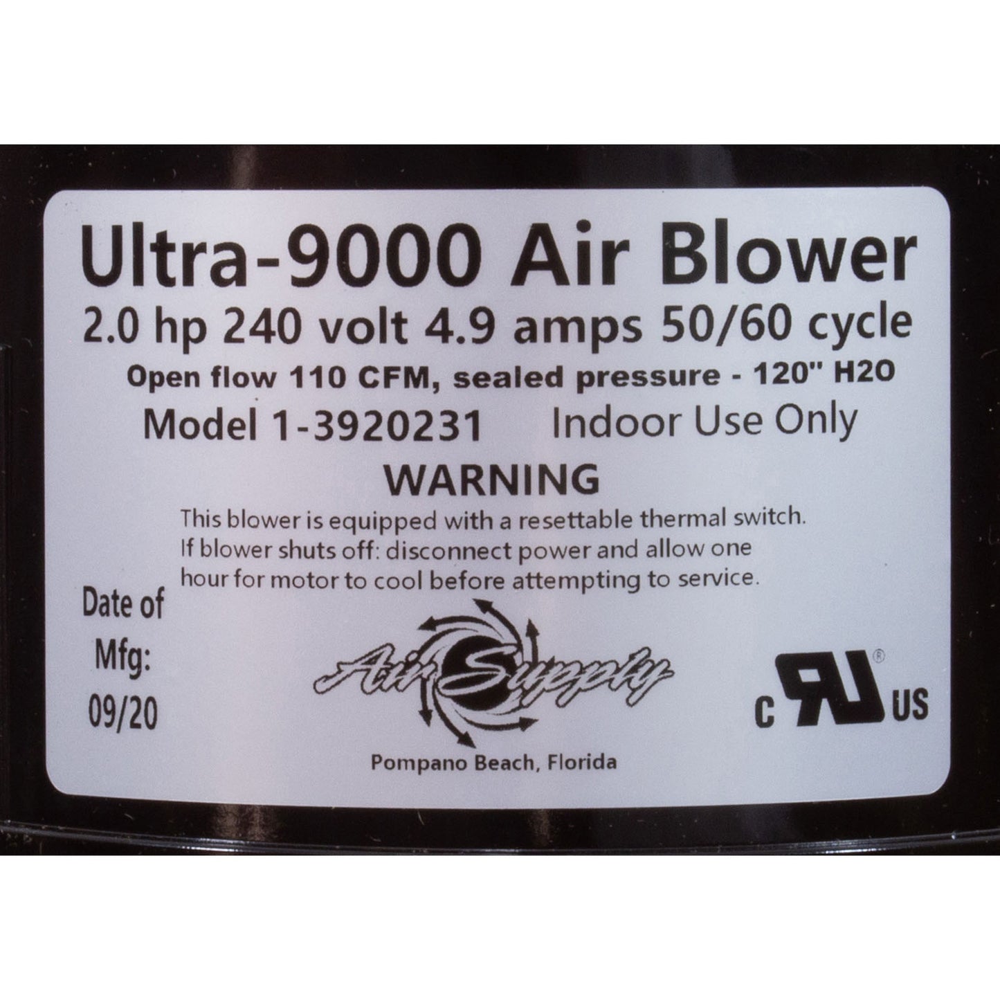 Souffleur, alimentation en air Ultra 9000, 2,0 ch, 230 V, 5,5 A, 4 pi AMP