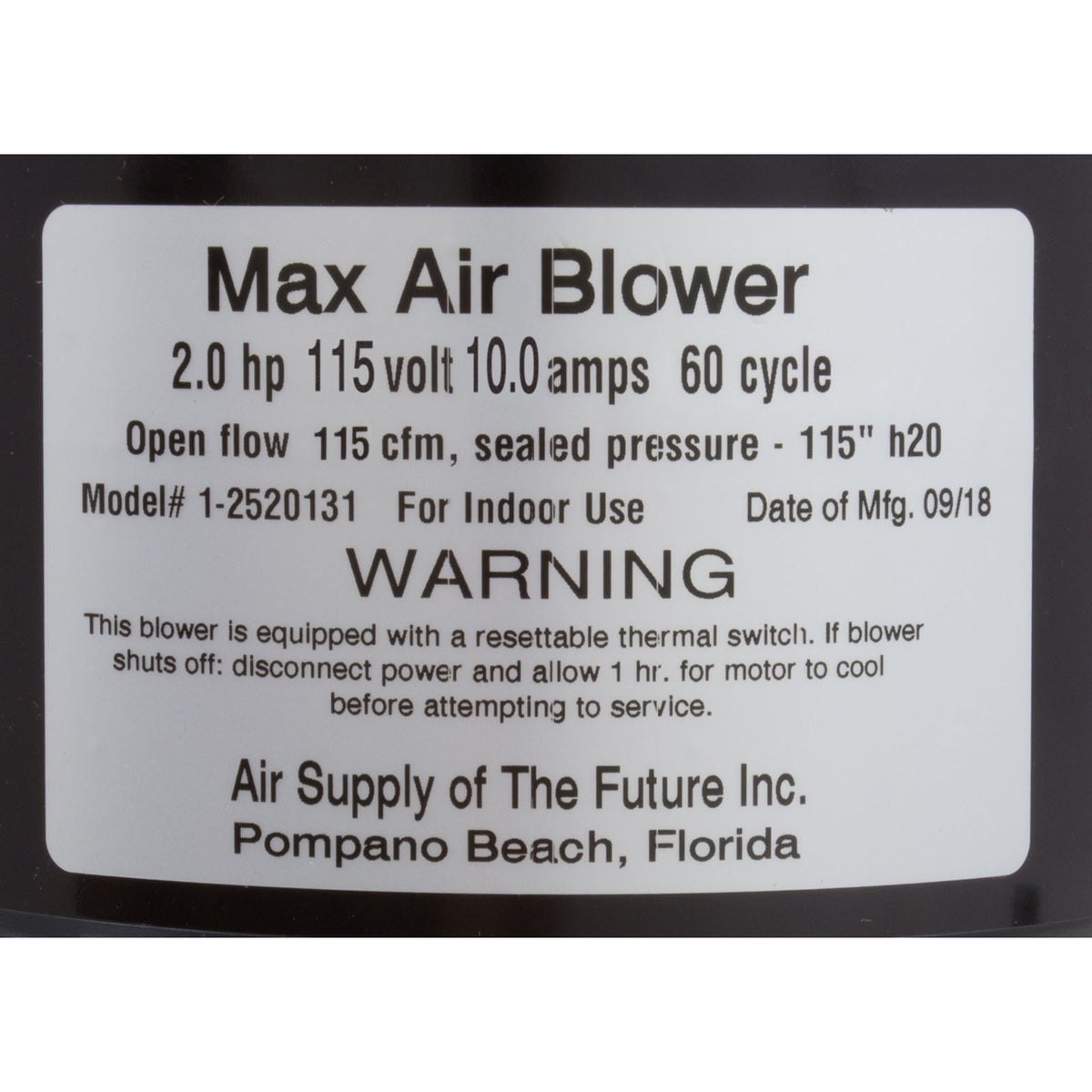 Blower, Air Supply Max Air, 2.0hp, 115v, 9.0A, 48" AMP Cord
