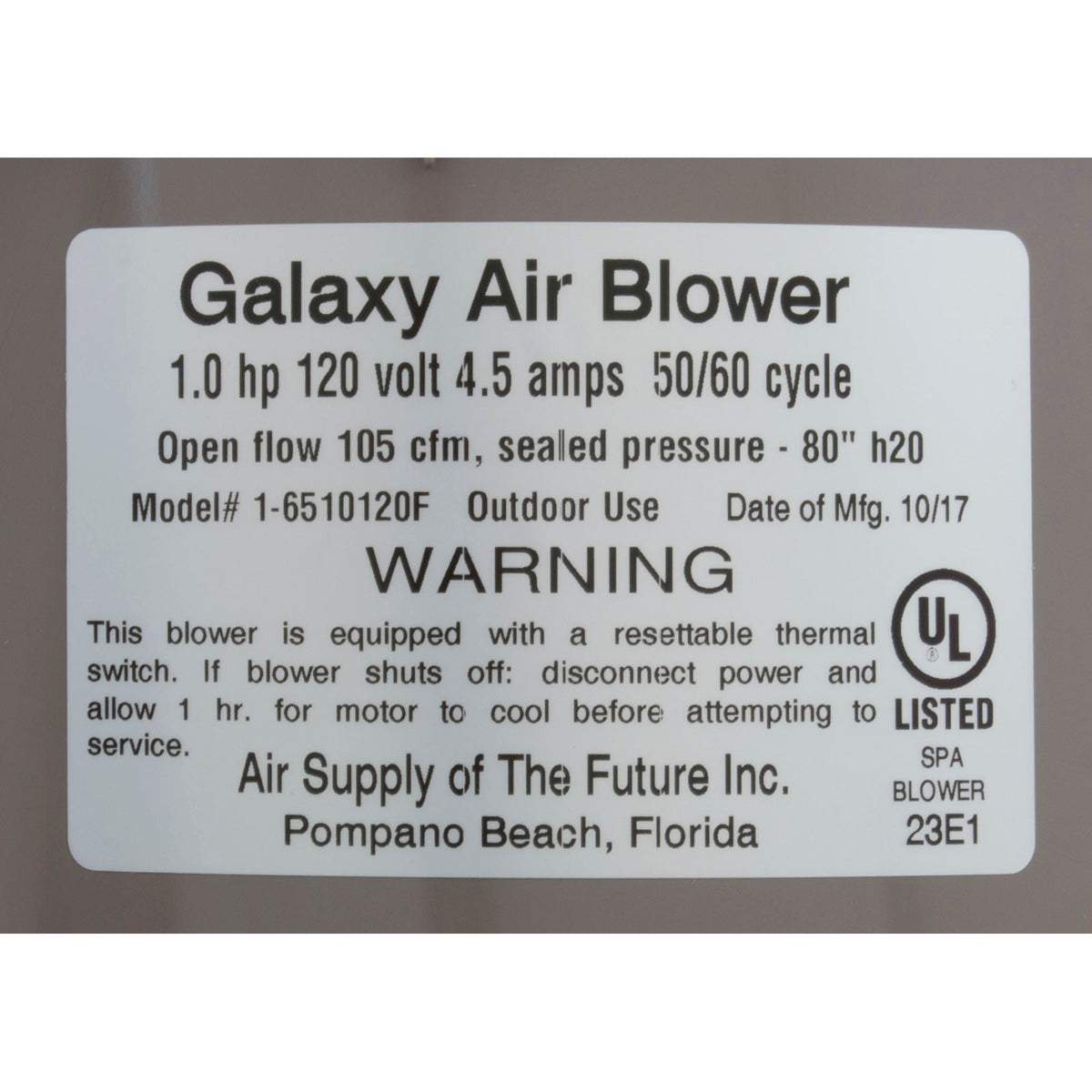 Blower, Air Supply Galaxy Pro, 1.0hp, 115v, 4.5A, Hardwire
