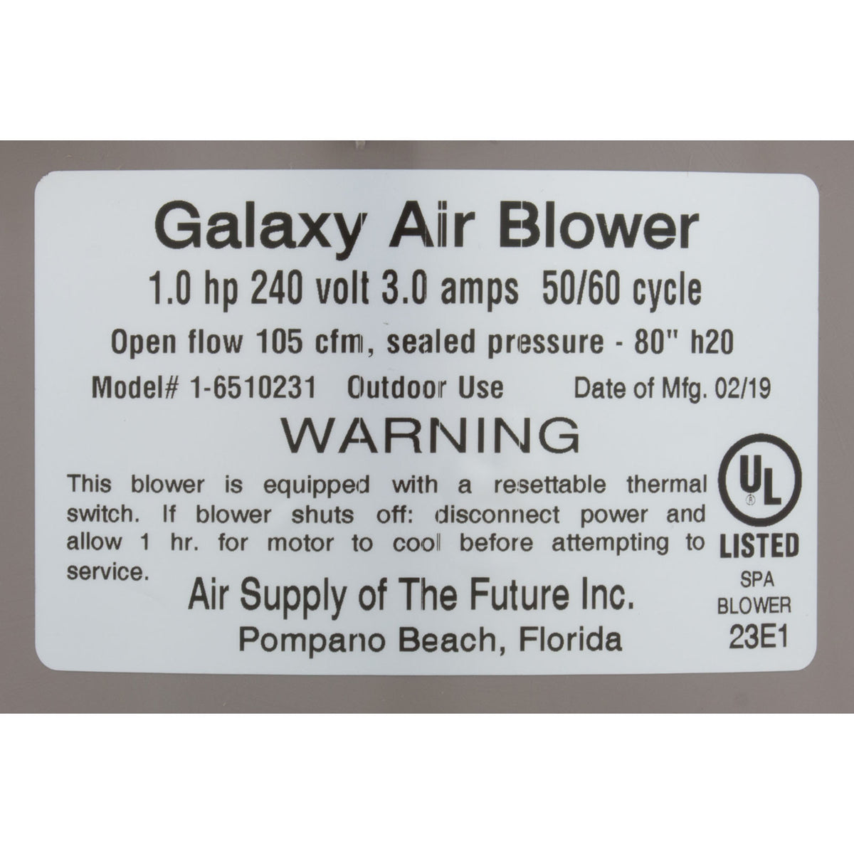 Blower, Air Supply Galaxy V2, 1.0hp, 230v, 3.0A, Hardwire